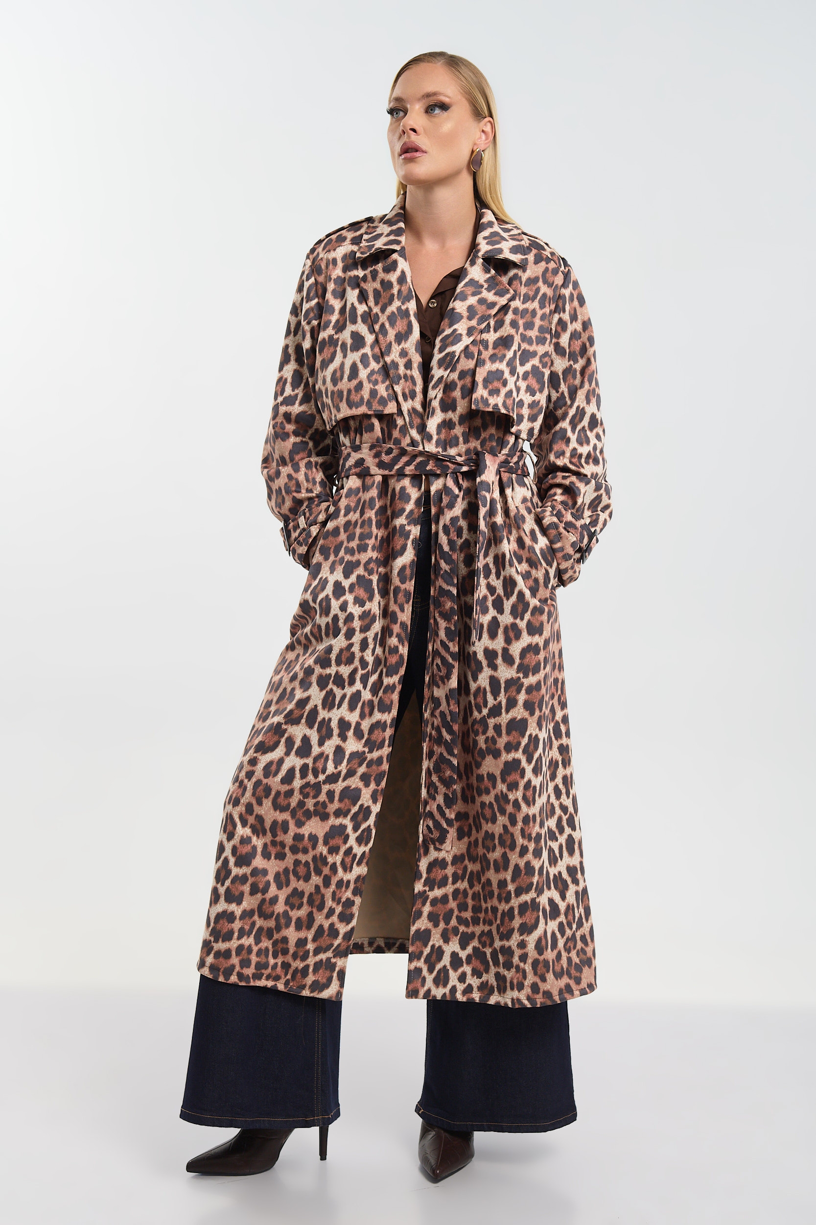 Leopard Long Trench Coat with Belt