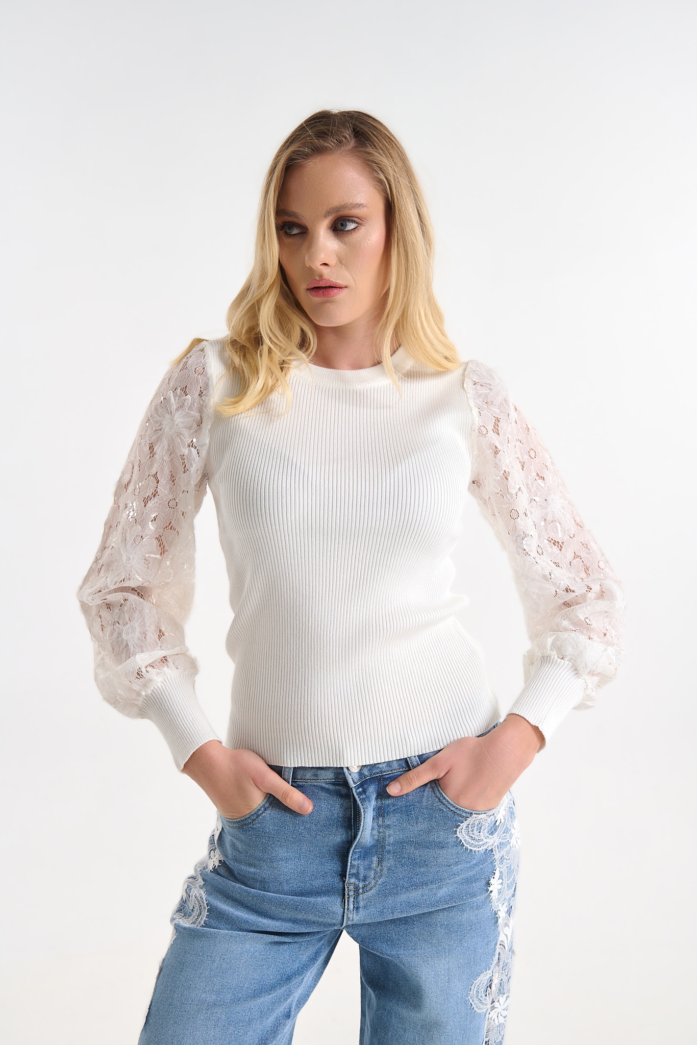 Knit Top with Lace Sleeves & Subtle Sequin Details