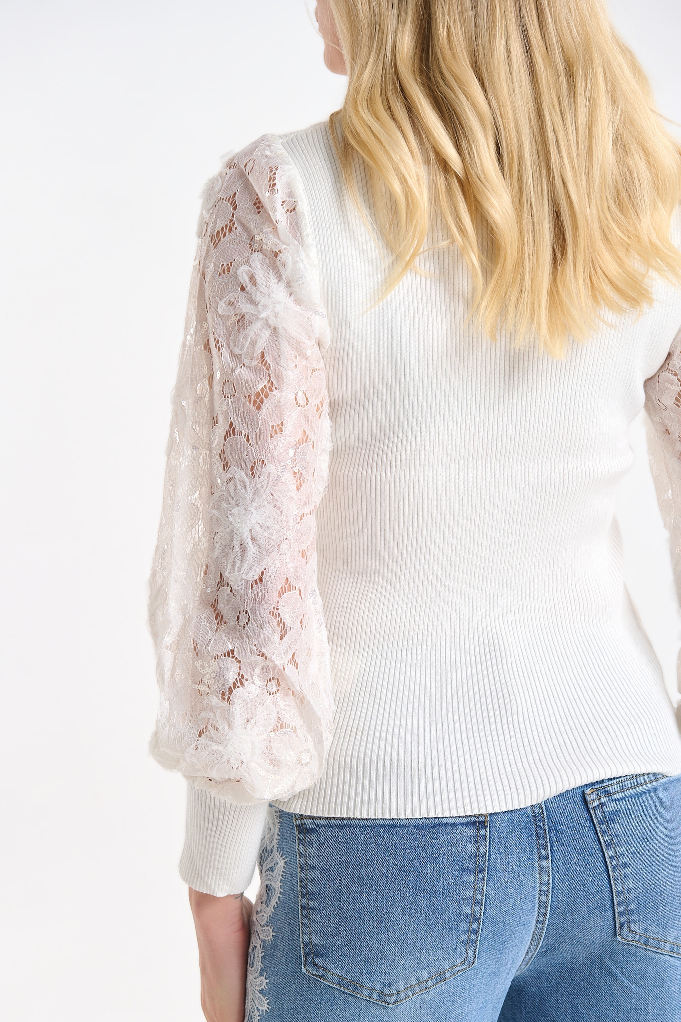 Knit Top with Lace Sleeves & Subtle Sequin Details