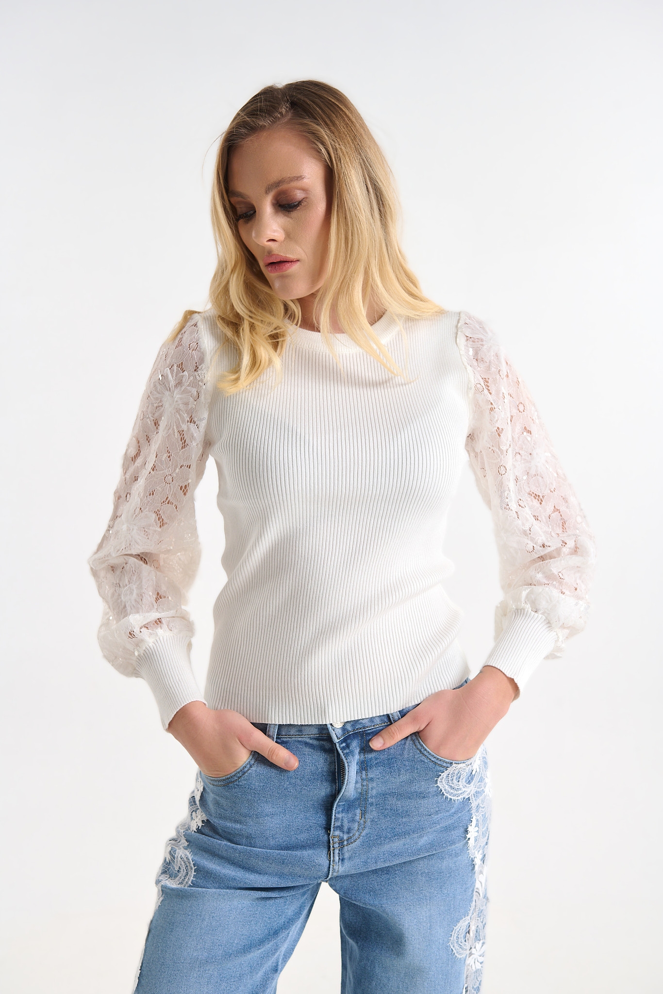 Knit Top with Lace Sleeves & Subtle Sequin Details