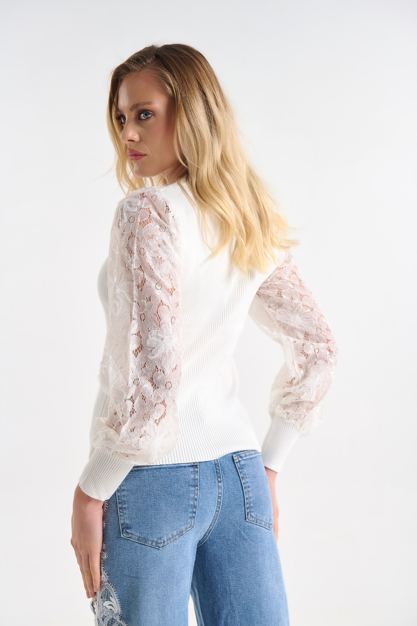 Knit Top with Lace Sleeves & Subtle Sequin Details