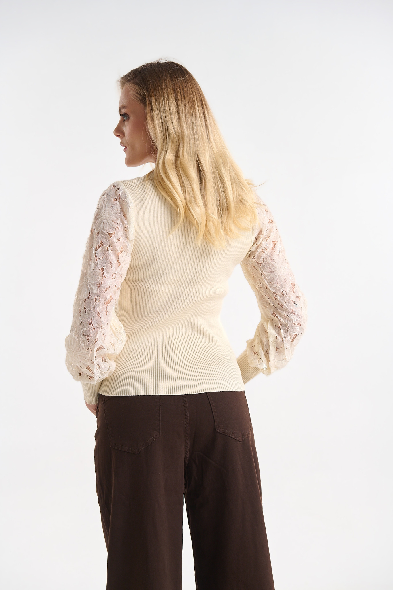 Knit Top with Lace Sleeves & Subtle Sequin Details