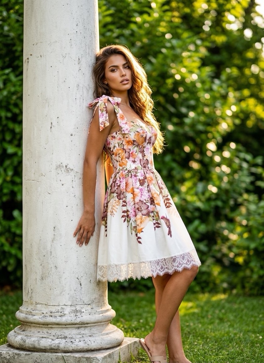 Φόρεμα Mini Floral Με Cups Και Δετές Τιράντες