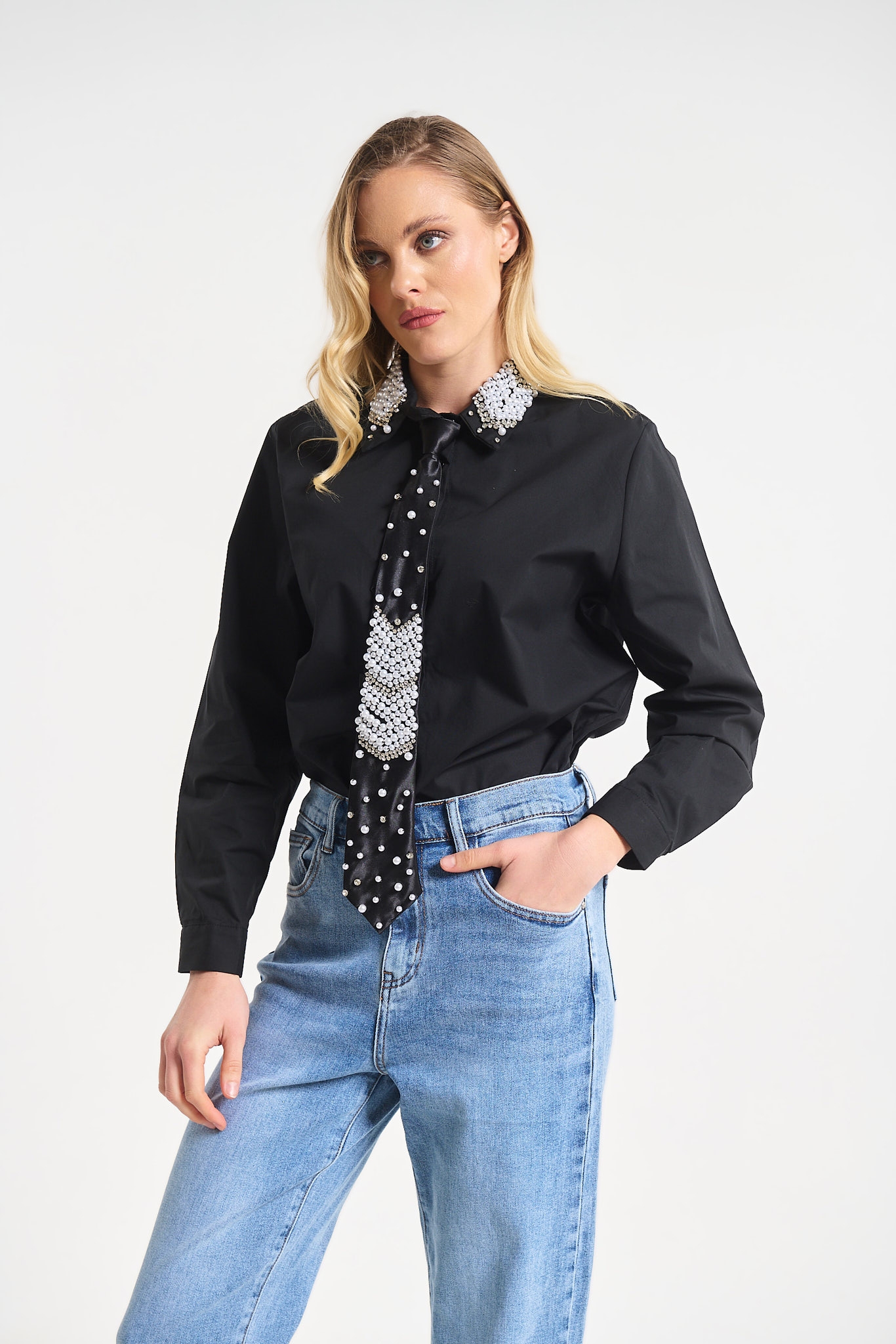 Πουκάμισο Με Διακοσμητική Γραβάτα & Πέρλες