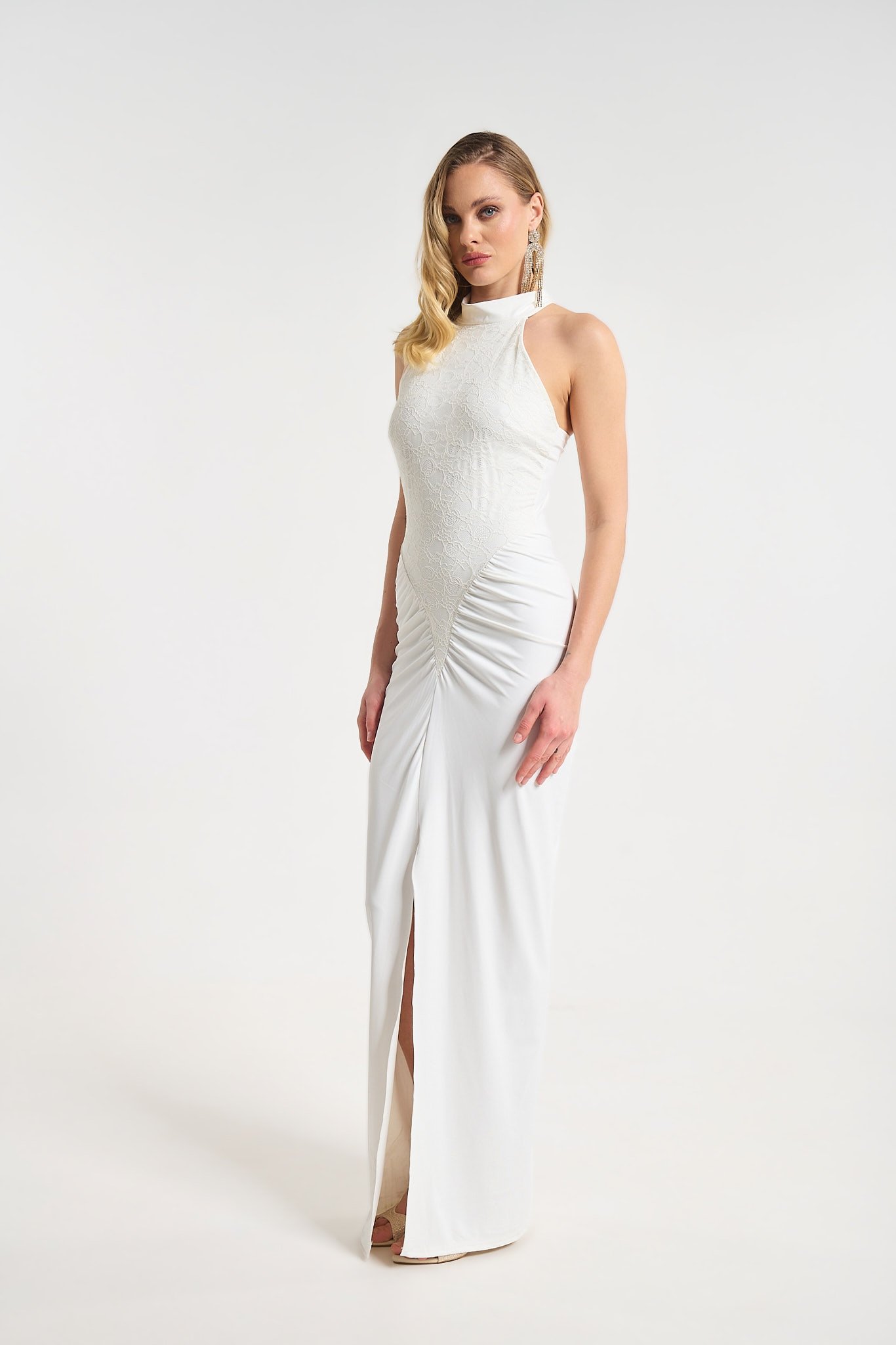 Φόρεμα Maxi Halter Με Δαντέλα & Σκίσιμο