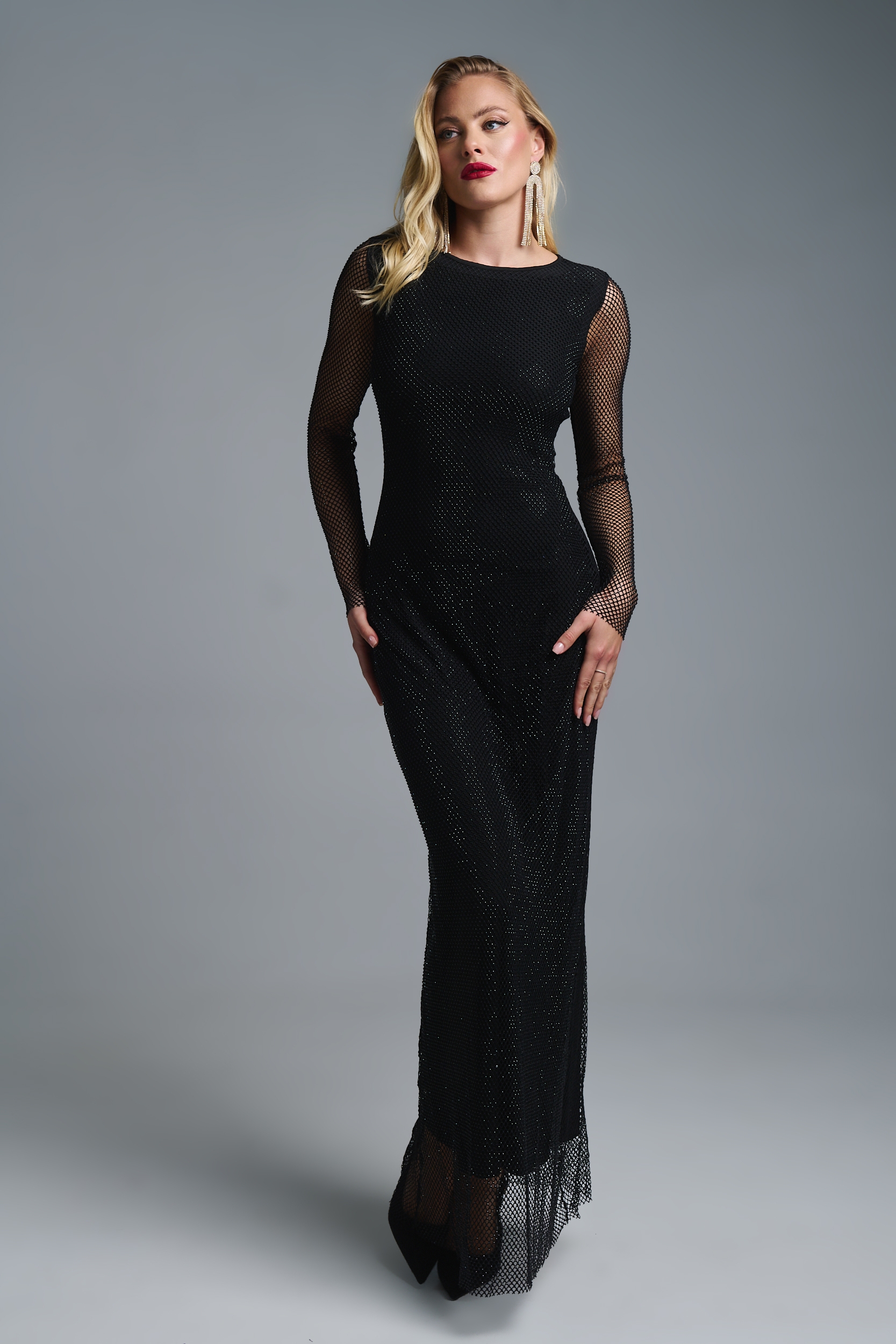 Φόρεμα Μακρύ Με Στρας & Διαφάνεια Στα Μανίκια