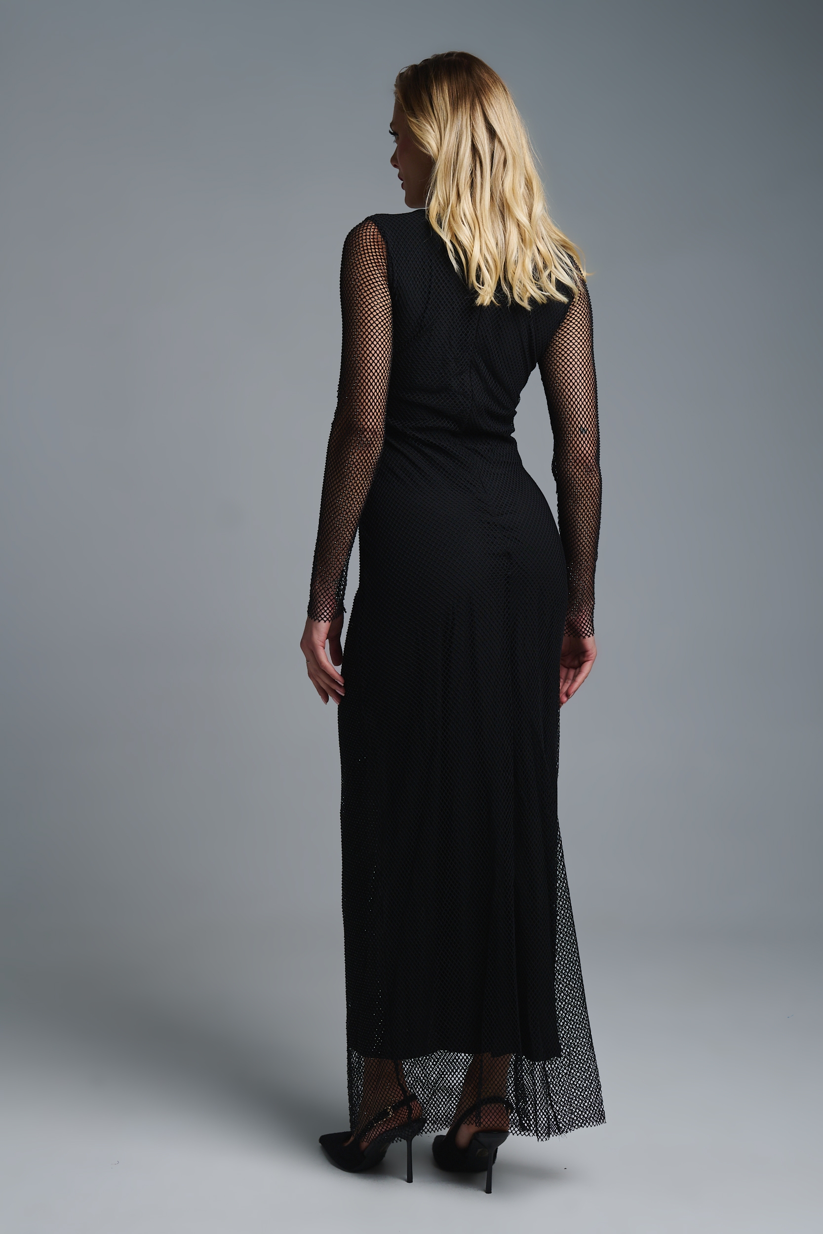 Φόρεμα Μακρύ Με Στρας & Διαφάνεια Στα Μανίκια