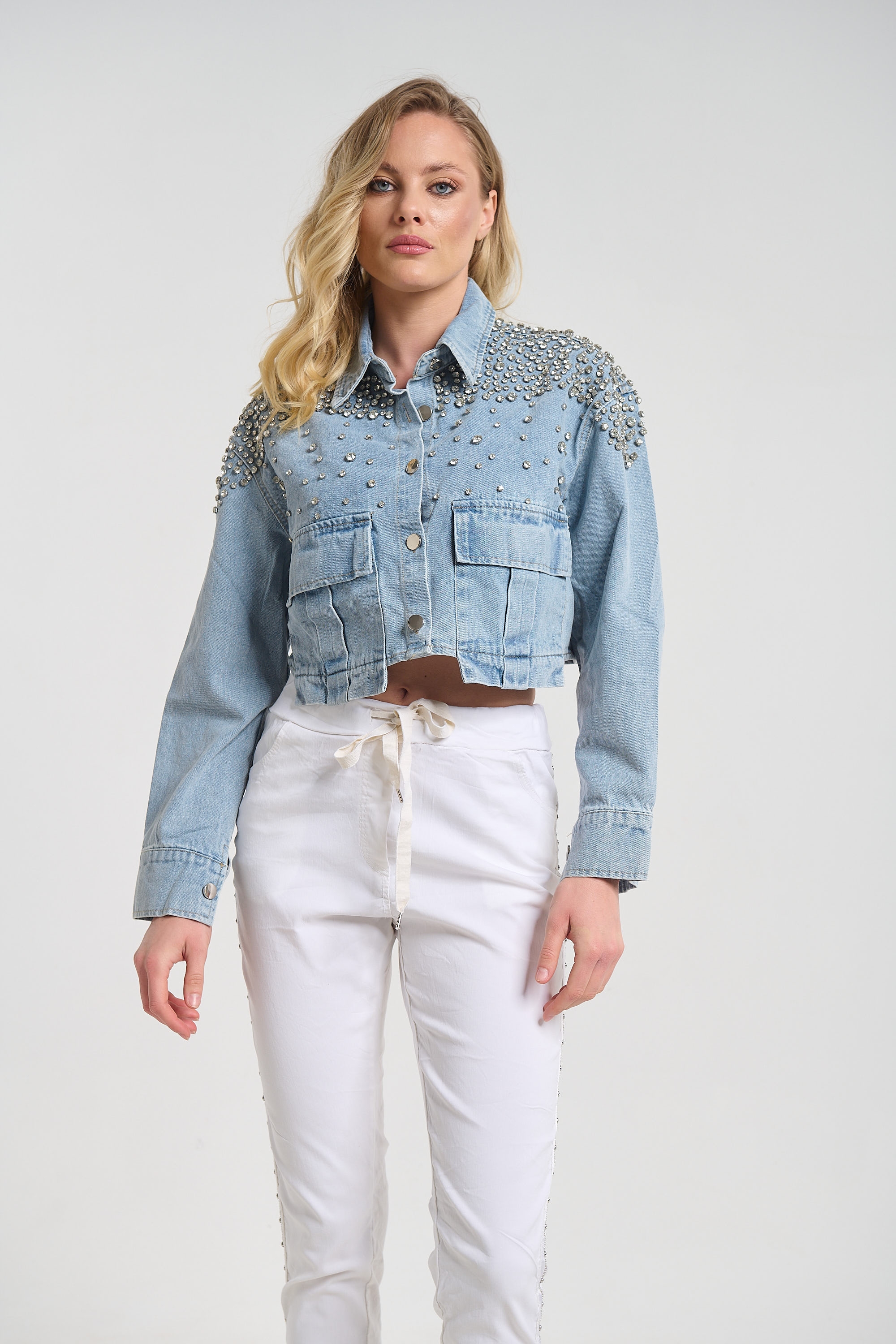 Μπουφάν Τζιν Crop Με Στρας