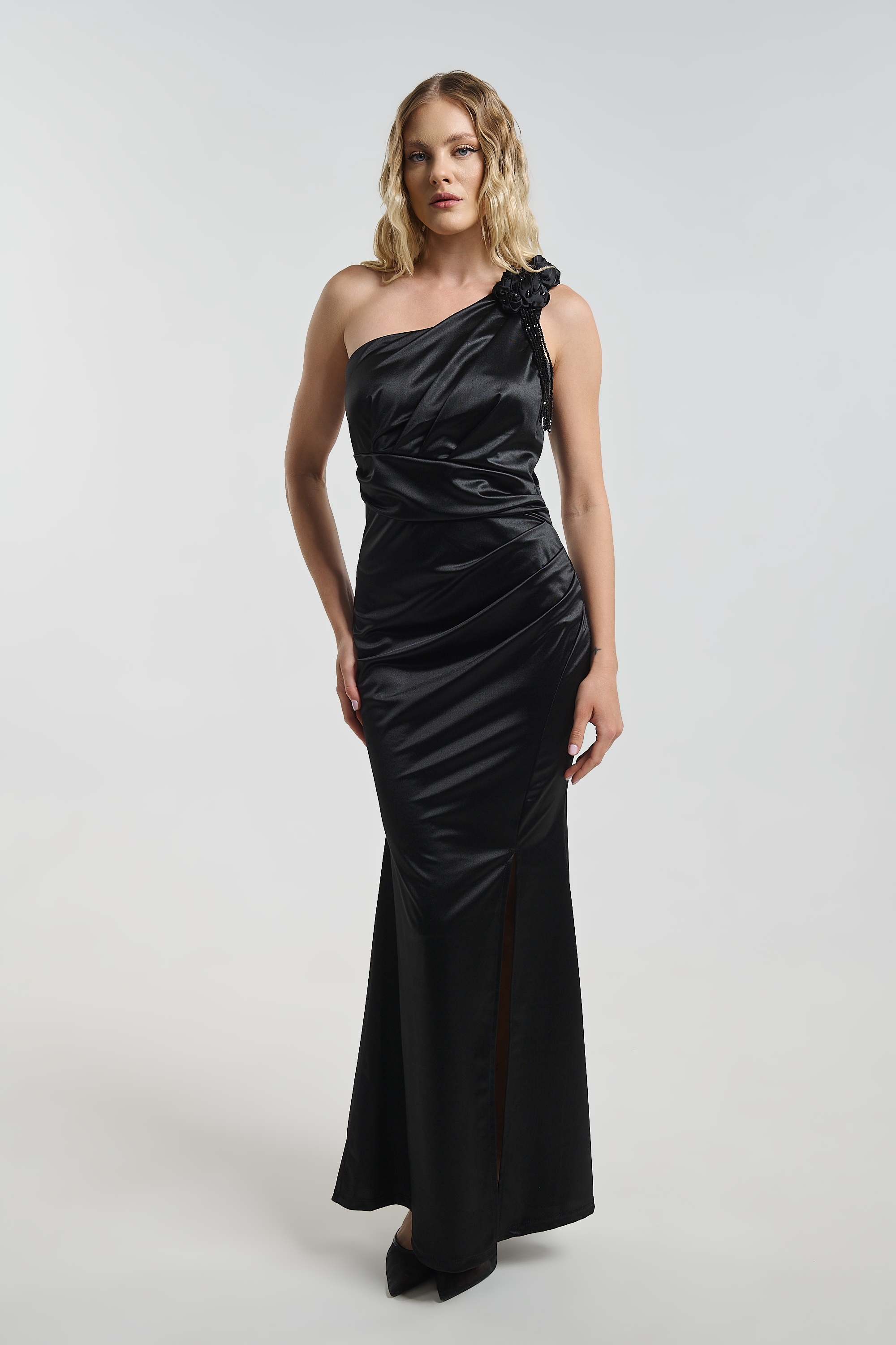 Maxi One Shoulder Satin Dress with Slit & Luxury Detail