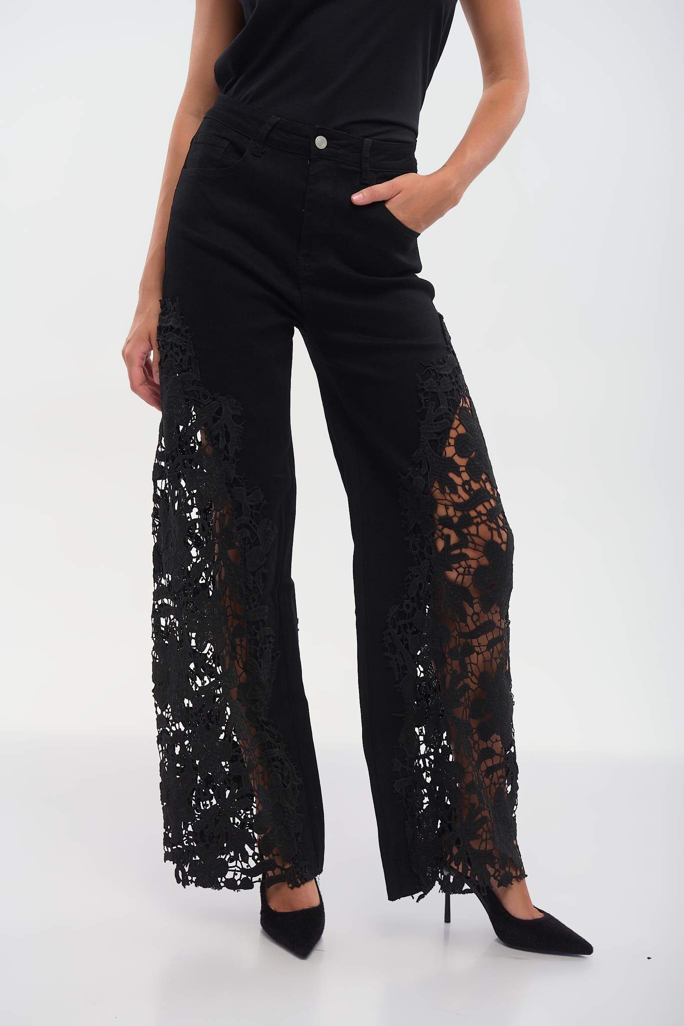 Women’s High-Waist Wide Leg Jeans with Lace Panels