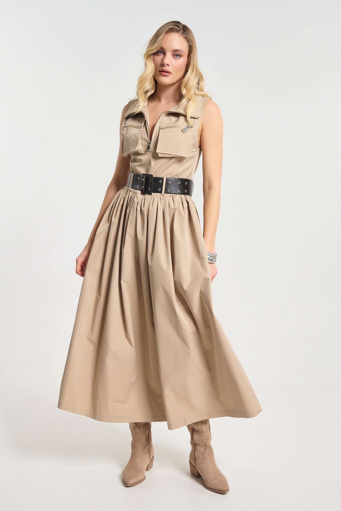 Φόρεμα Maxi Με Ζώνη & Τσέπες Με Φερμουάρ