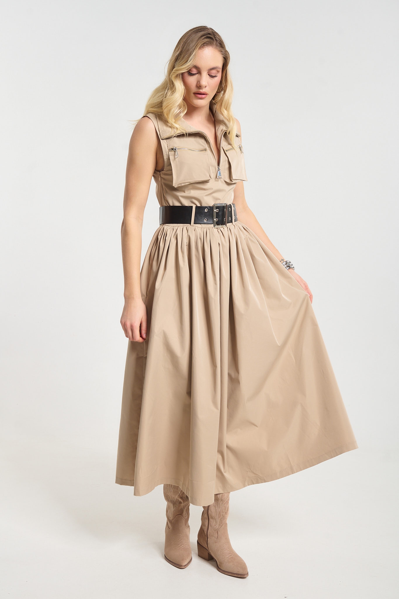 Φόρεμα Maxi Με Ζώνη & Τσέπες Με Φερμουάρ