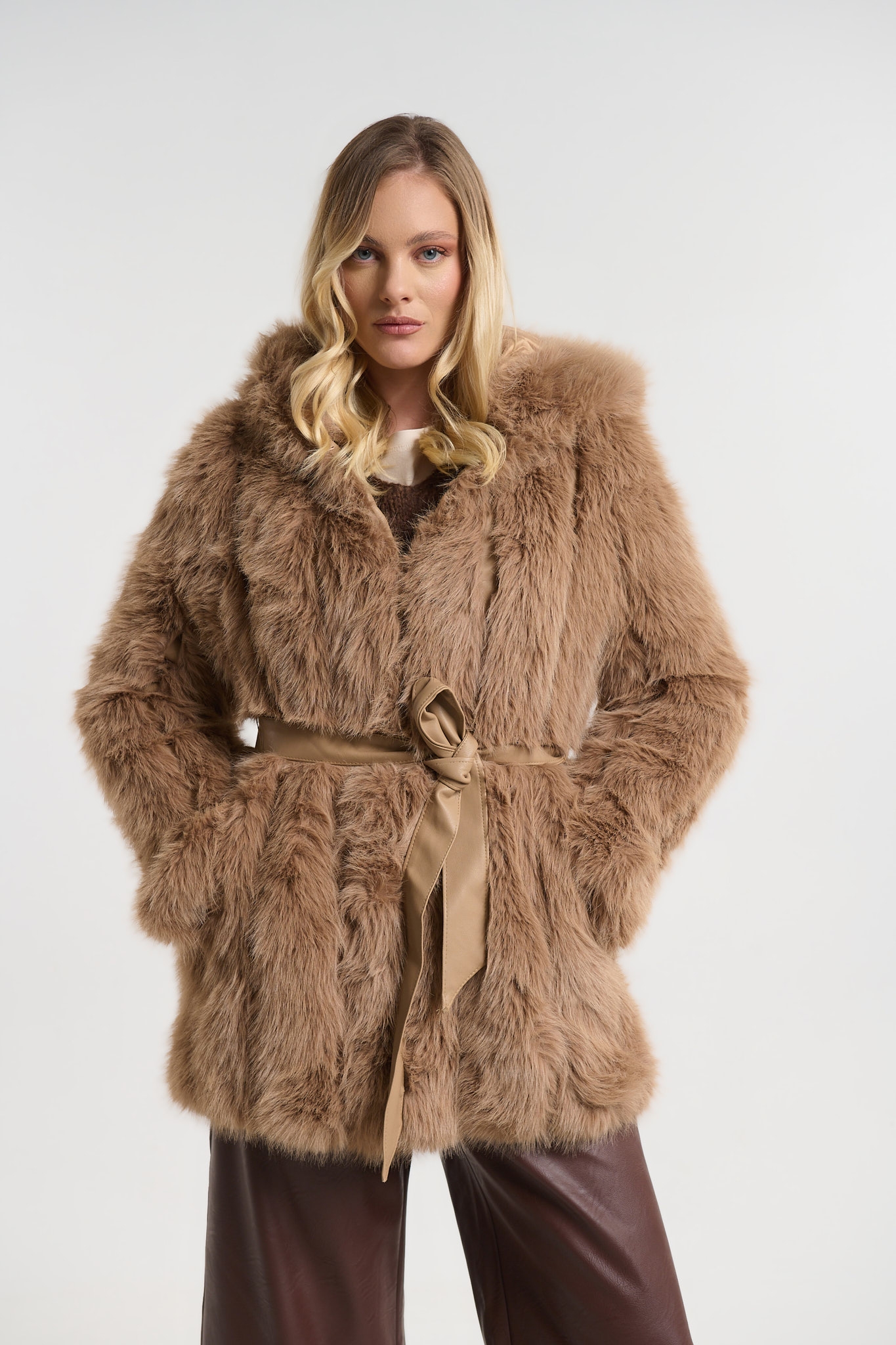 Παλτό Γούνινο Με Ζώνη & Φόδρα