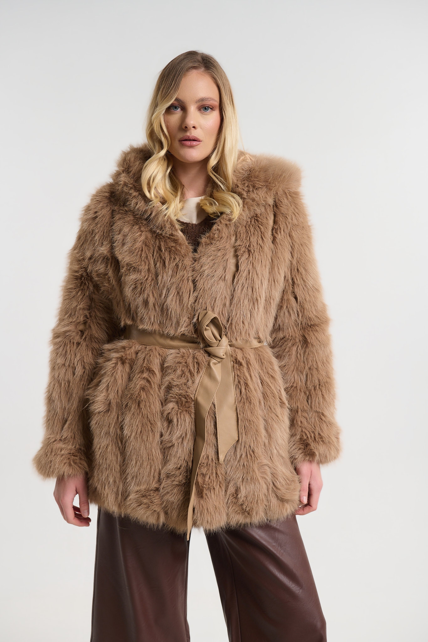 Παλτό Γούνινο Με Ζώνη & Φόδρα