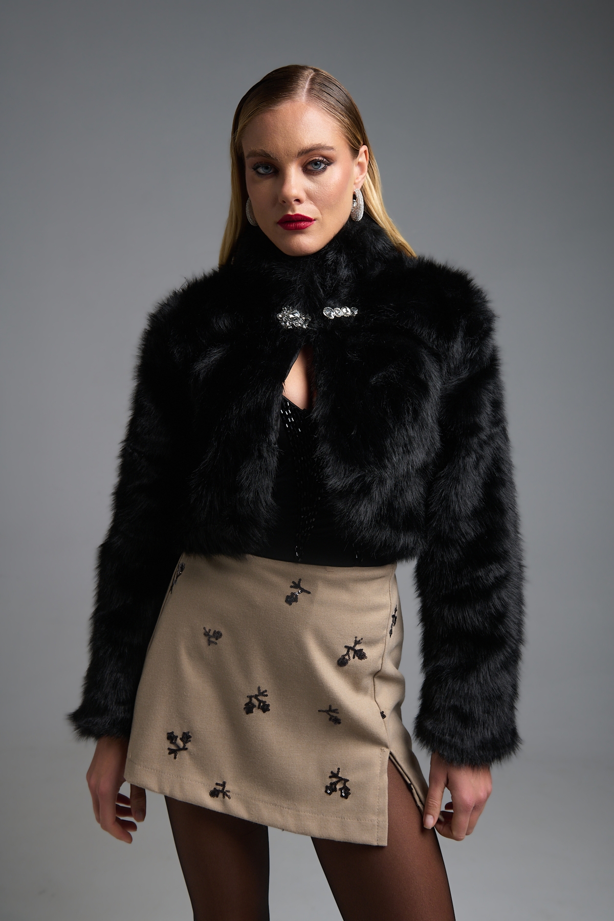 Short Faux Fur Jacket with Decorative Crystal Clasp