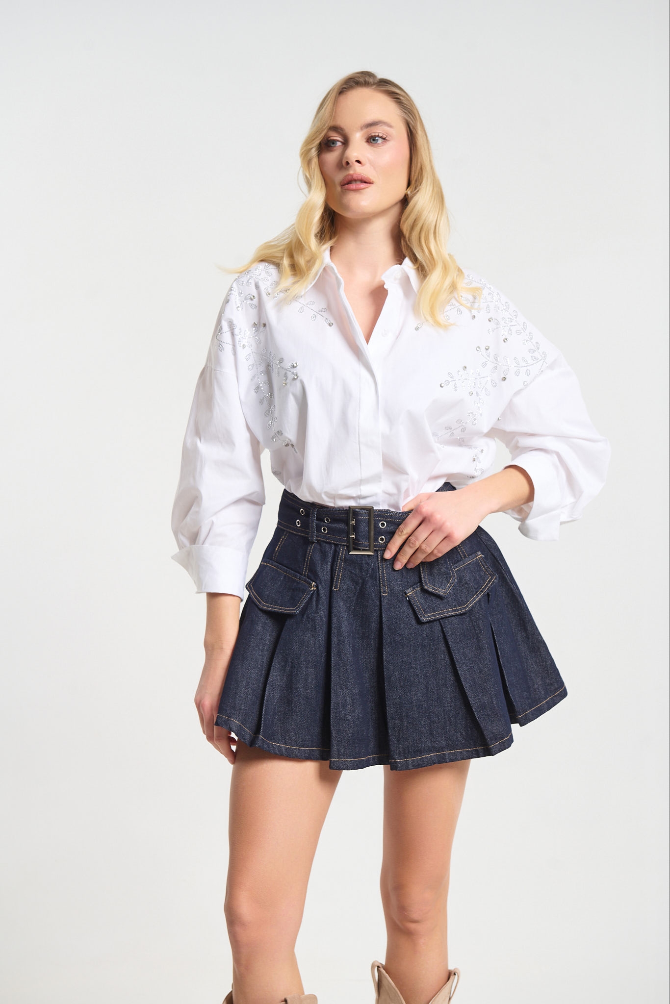 Φούστα Τζιν Πλισέ Με Ζώνη