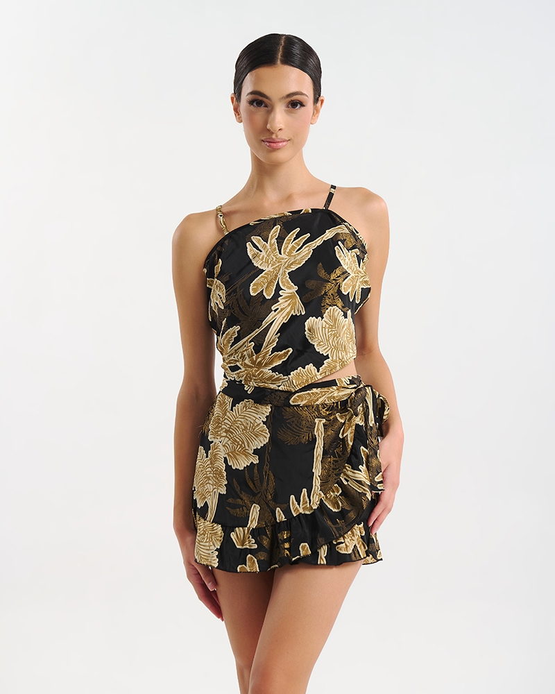 Women’s BLE Tie Top with Tropical Print Satin Silk Effect