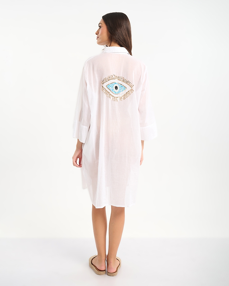 BLE White Beach Shirt Dress with Evil Eye Detail