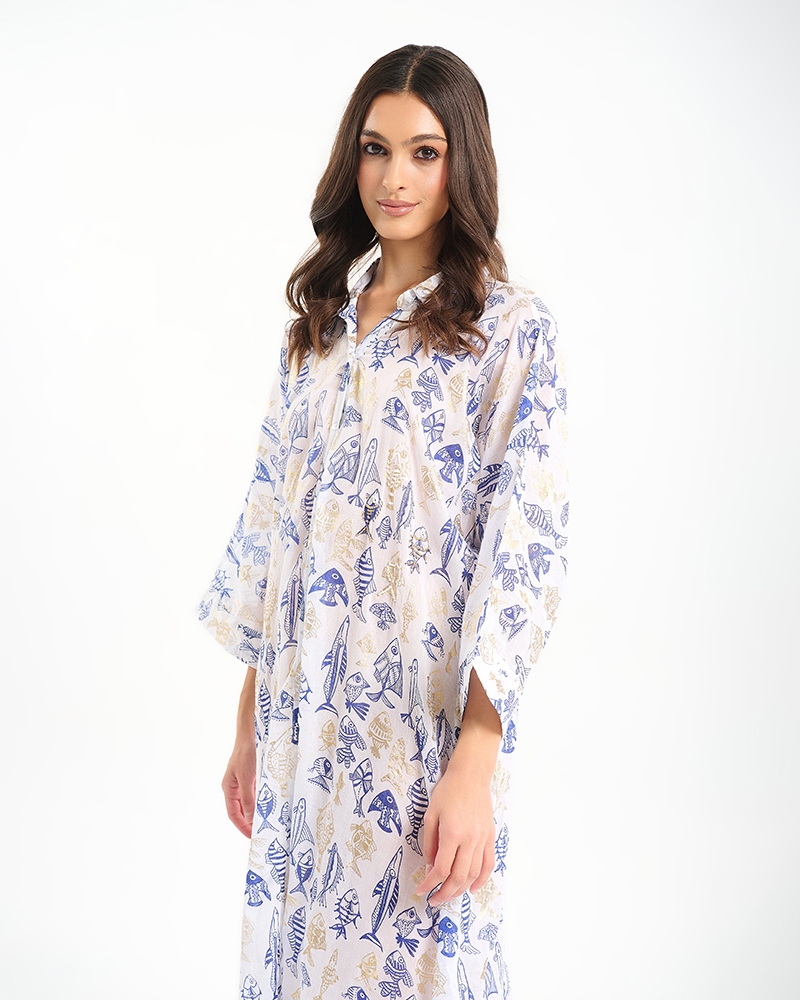 BLE Maxi Shirt Dress with Sea-Inspired Print