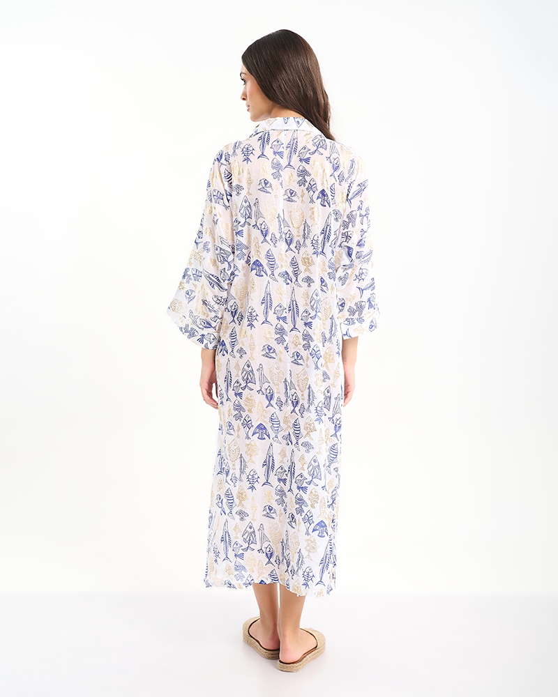 BLE Maxi Shirt Dress with Sea-Inspired Print