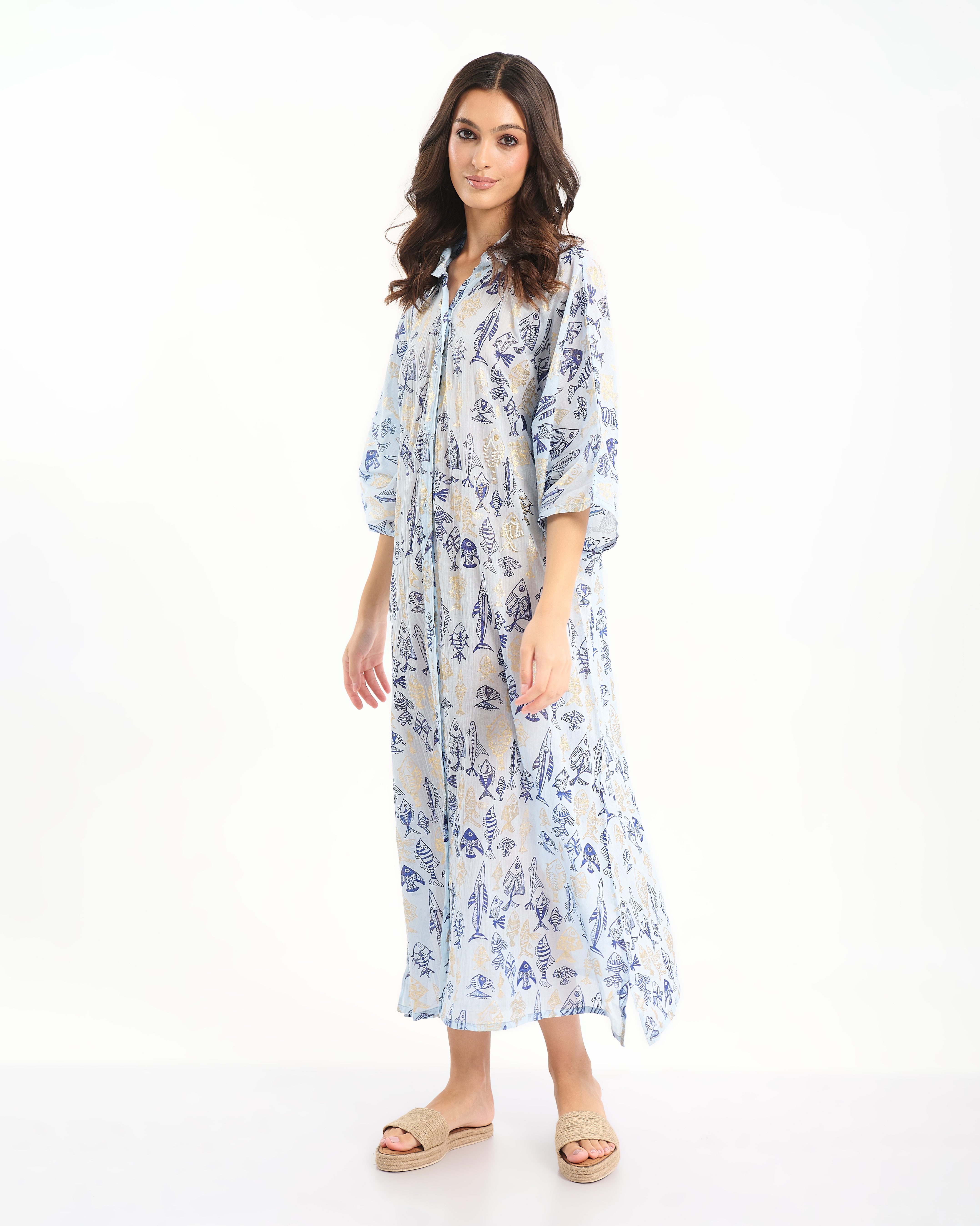 BLE Maxi Shirt Dress with Sea-Inspired Print