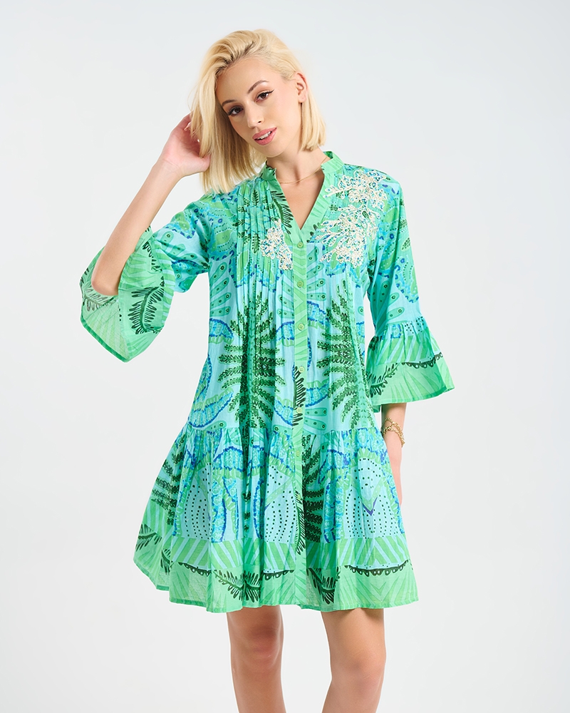 Φόρεμα BLE με Tropical Print & Βολάν Μανίκια