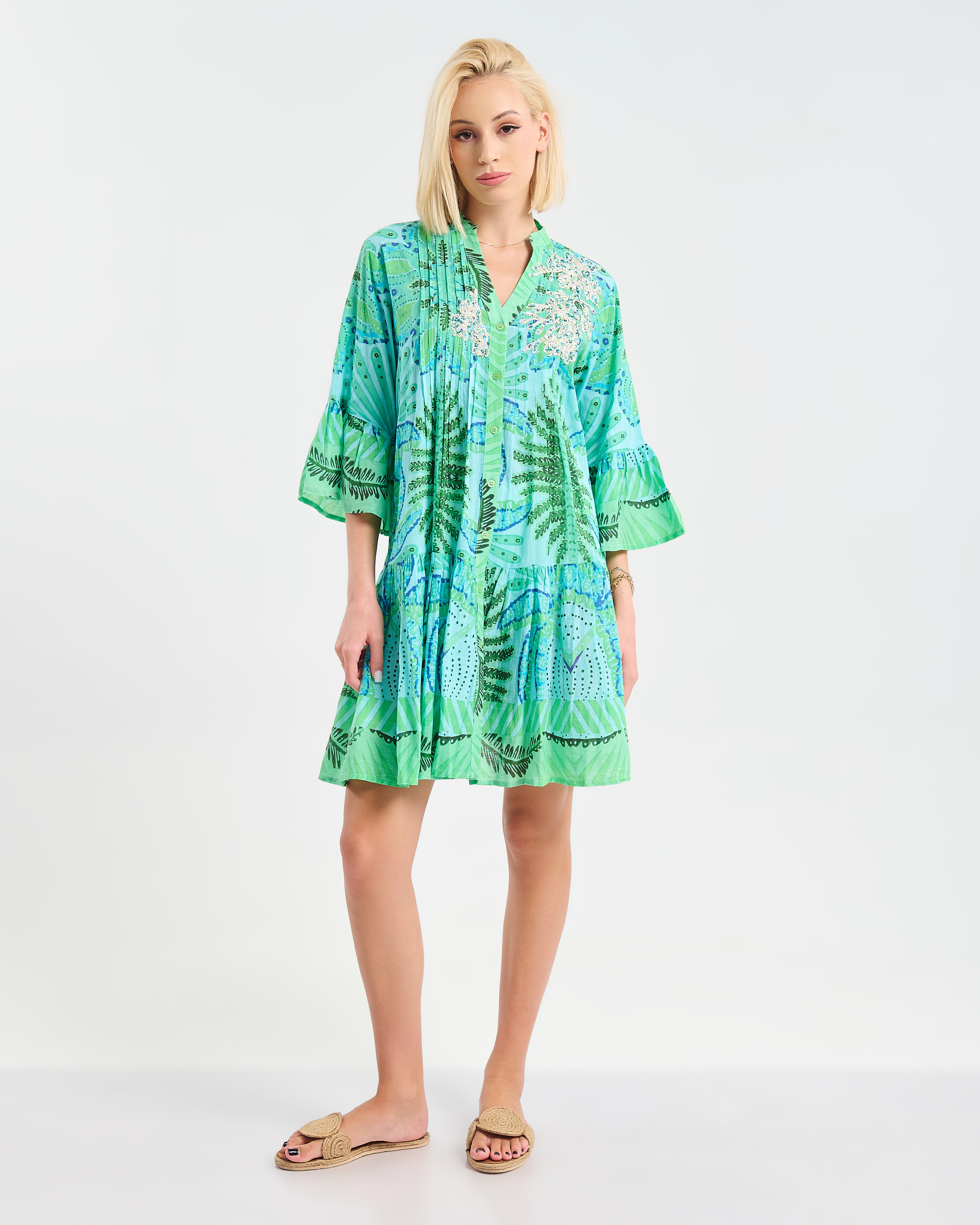 Φόρεμα BLE με Tropical Print & Βολάν Μανίκια