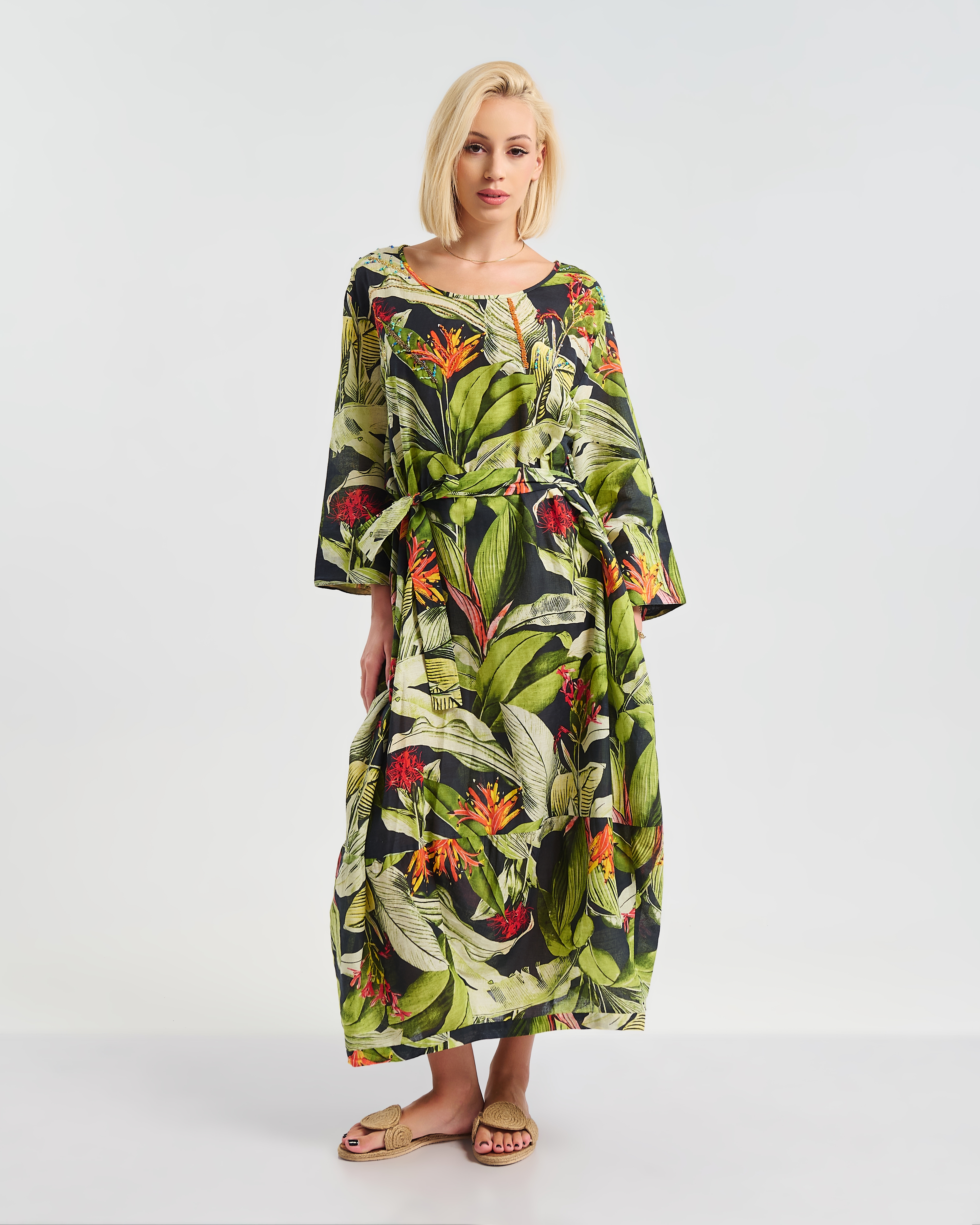 Φόρεμα BLE Maxi Με Ζώνη & Εξωτικά Φύλλα