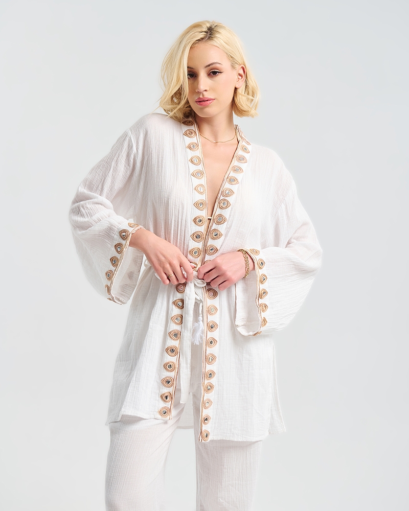 BLE White Kimono & Pants Set with Embroidery