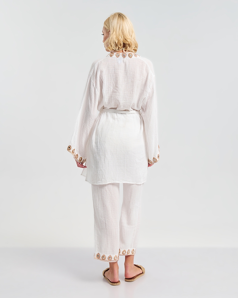 BLE White Kimono & Pants Set with Embroidery