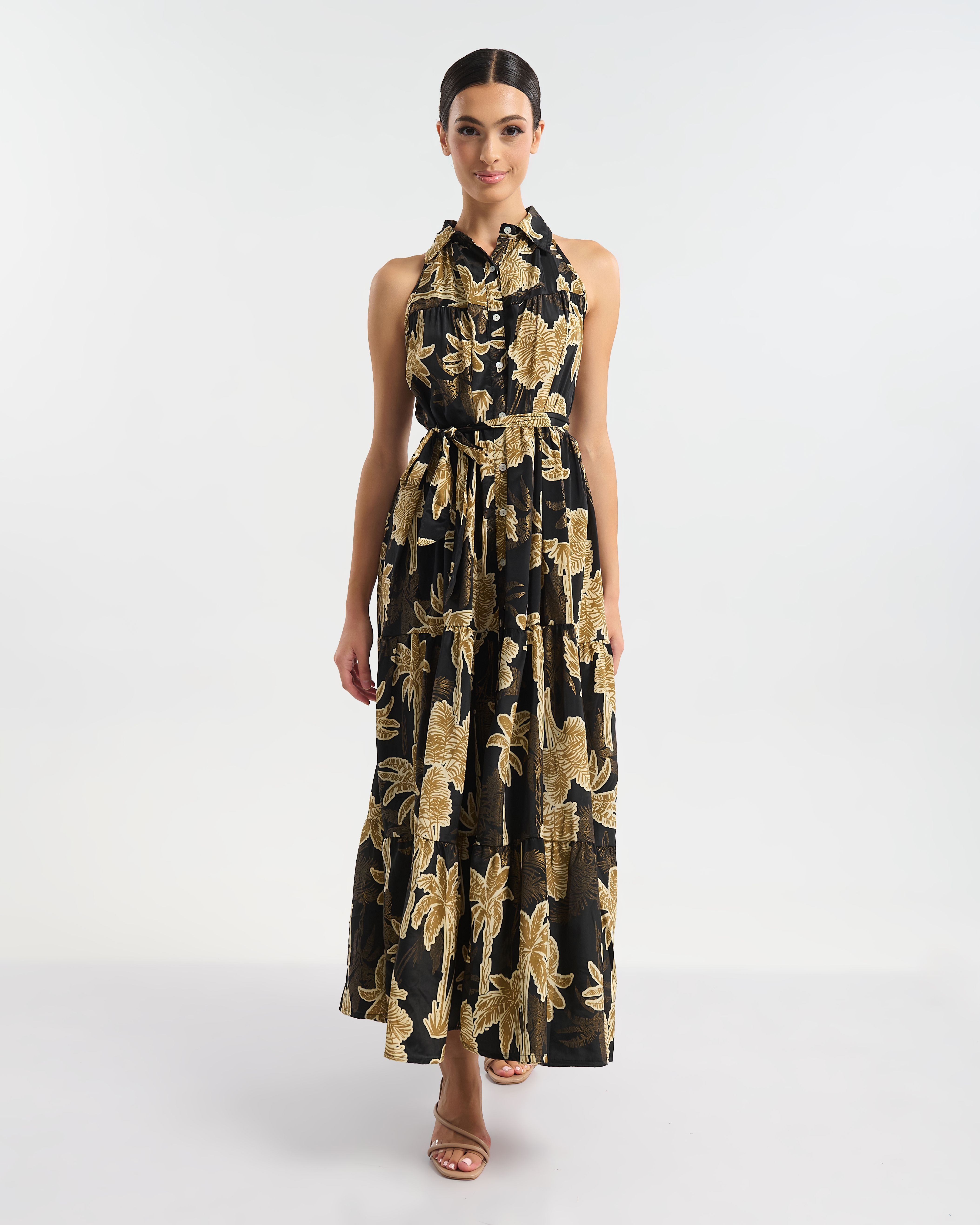 Φόρεμα BLE Maxi Με Tropical Print, Ζώνη & Γιακά