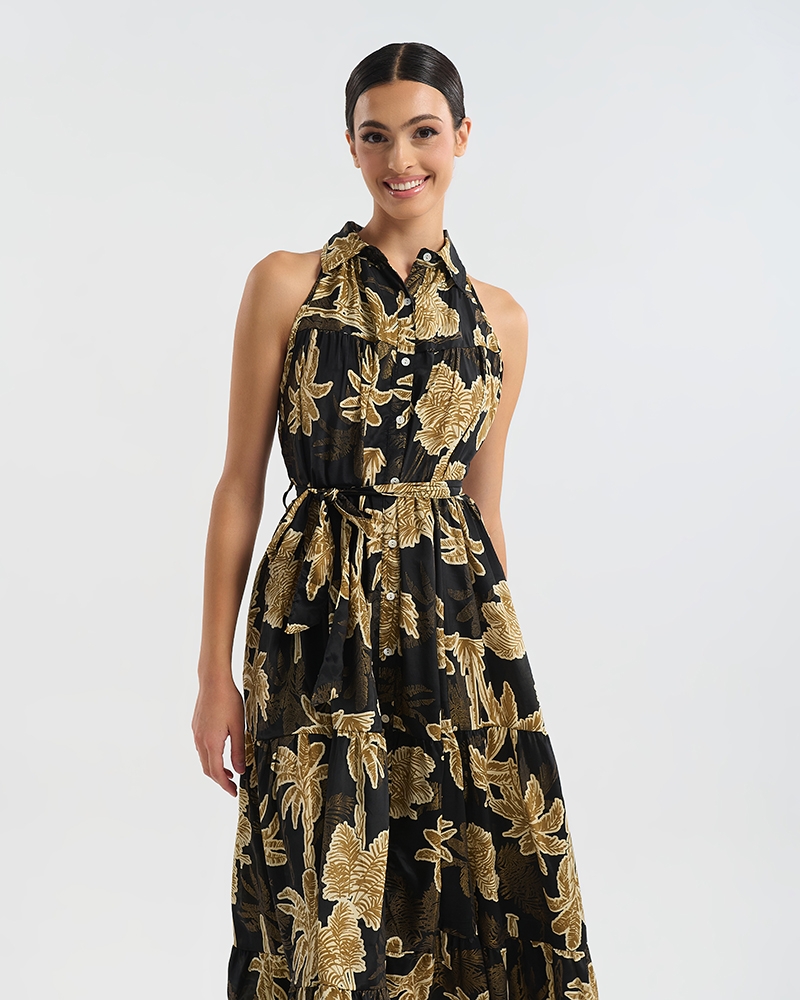 Φόρεμα BLE Maxi Με Tropical Print, Ζώνη & Γιακά