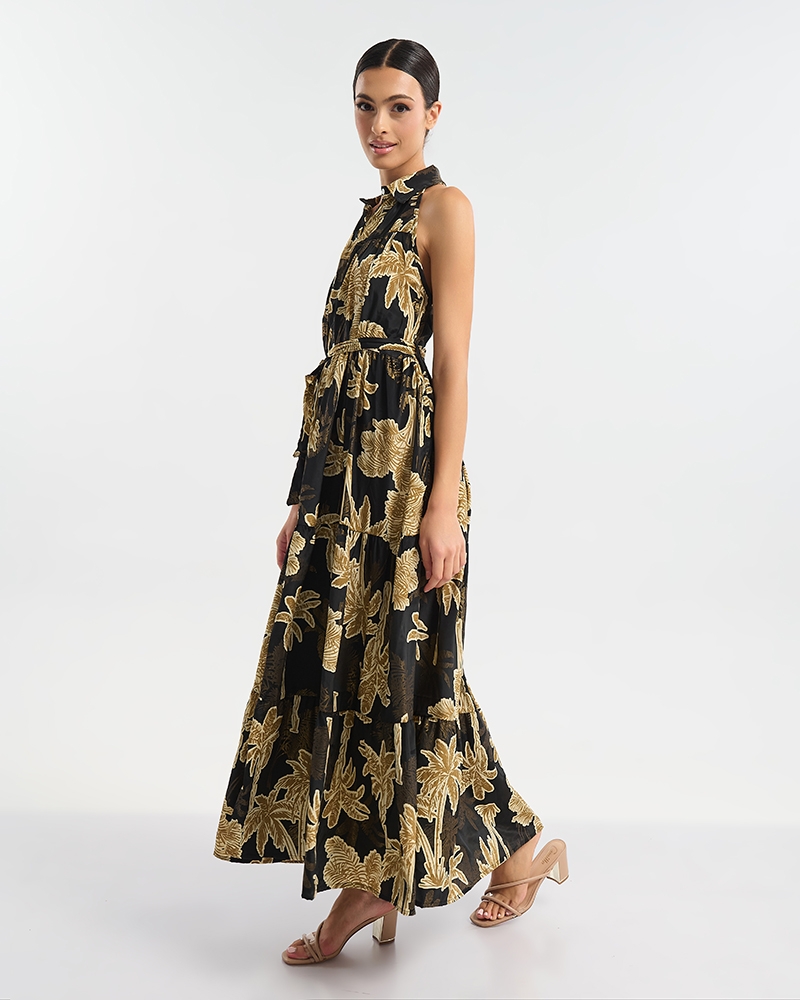 Φόρεμα BLE Maxi Με Tropical Print, Ζώνη & Γιακά