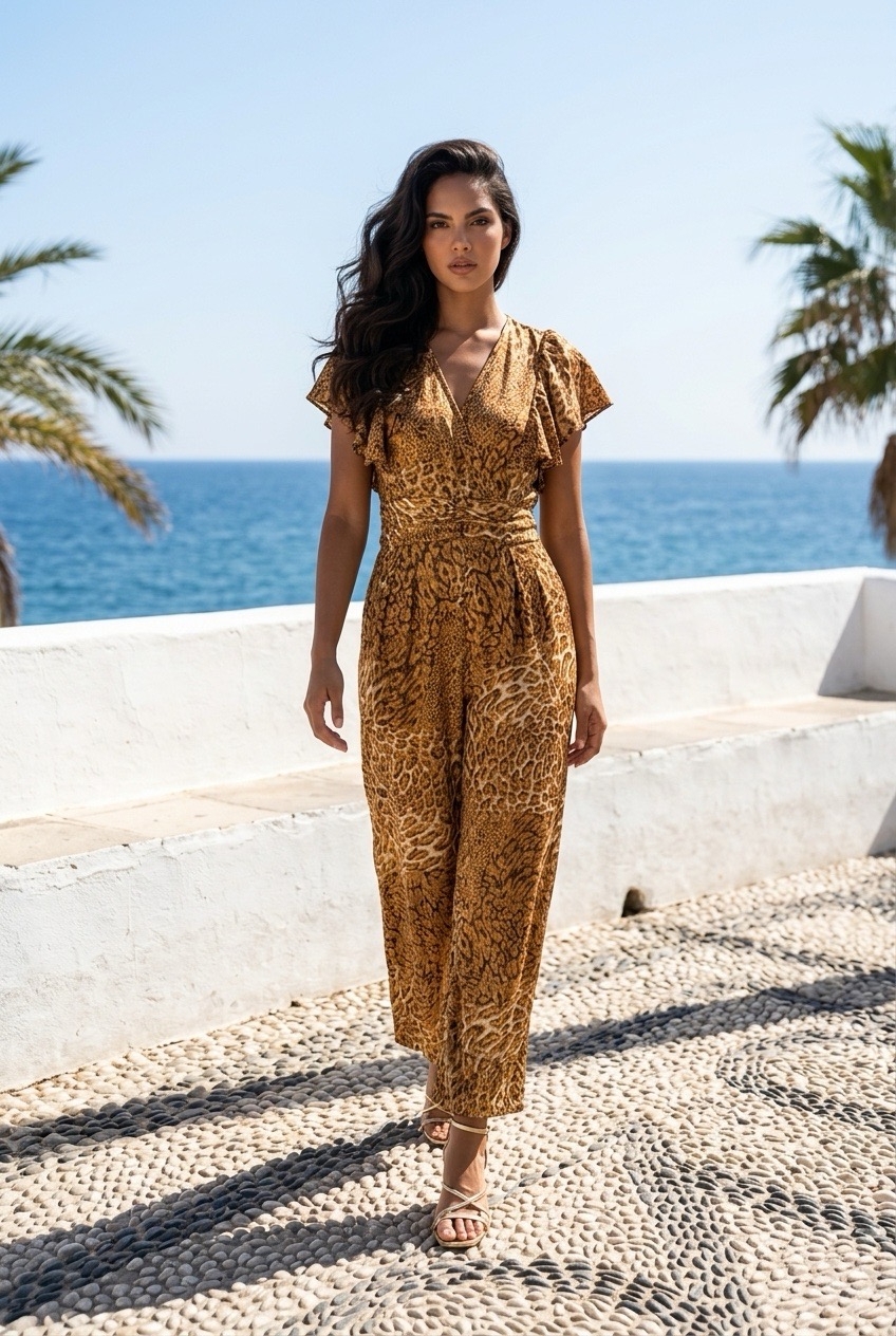 Ολόσωμη Φόρμα BLE Animal Print Με Βολάν Μανίκια
