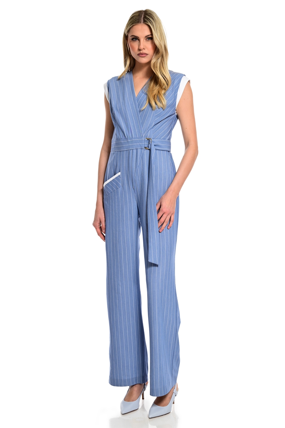Pinstripe Jumpsuit with Belt & V Neckline