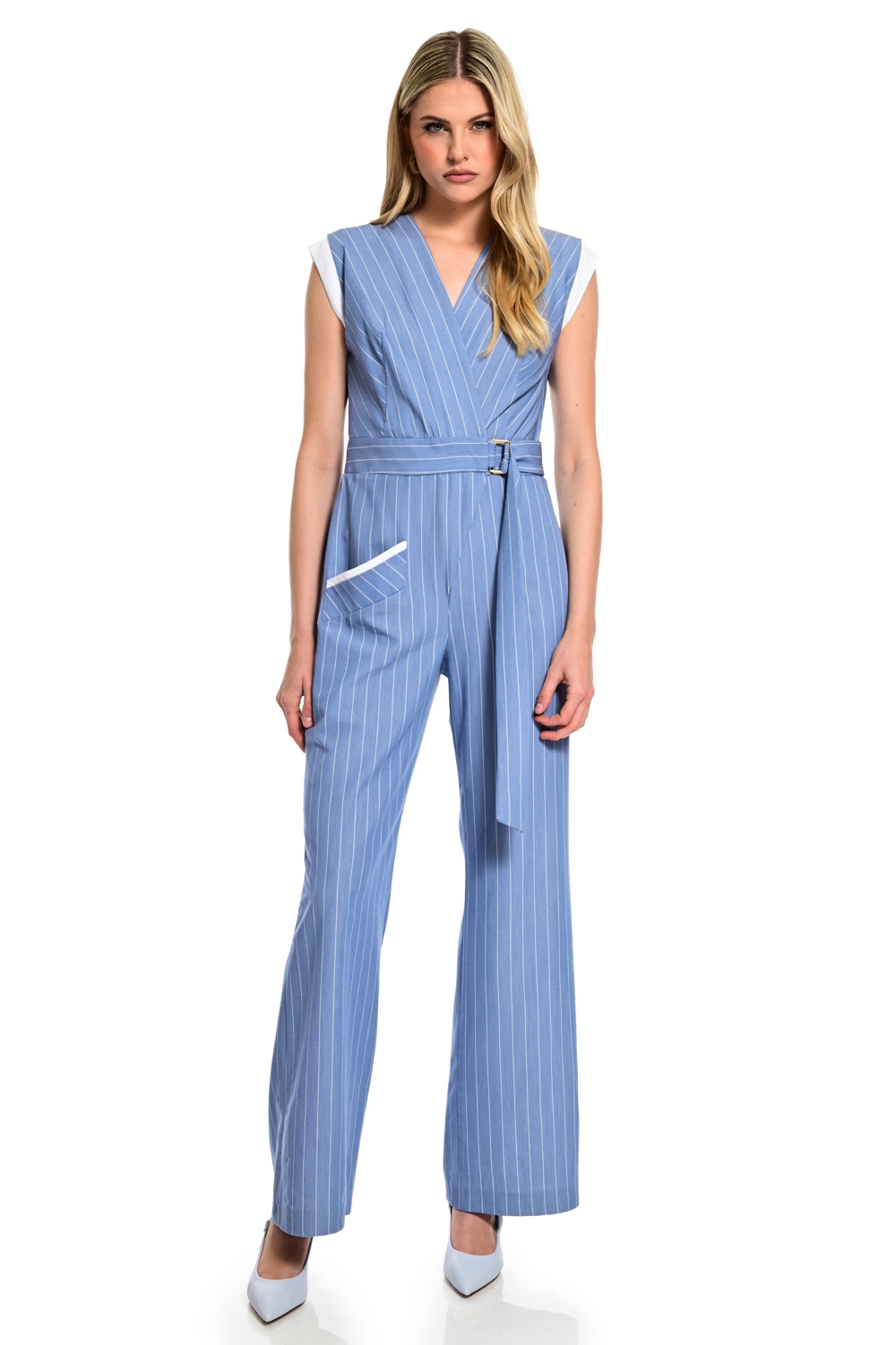 Pinstripe Jumpsuit with Belt & V Neckline