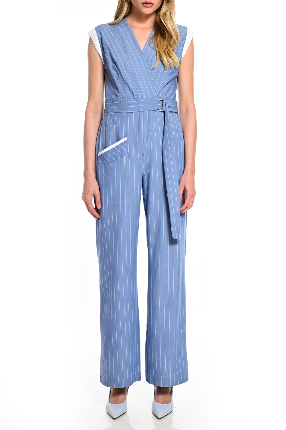 Pinstripe Jumpsuit with Belt & V Neckline