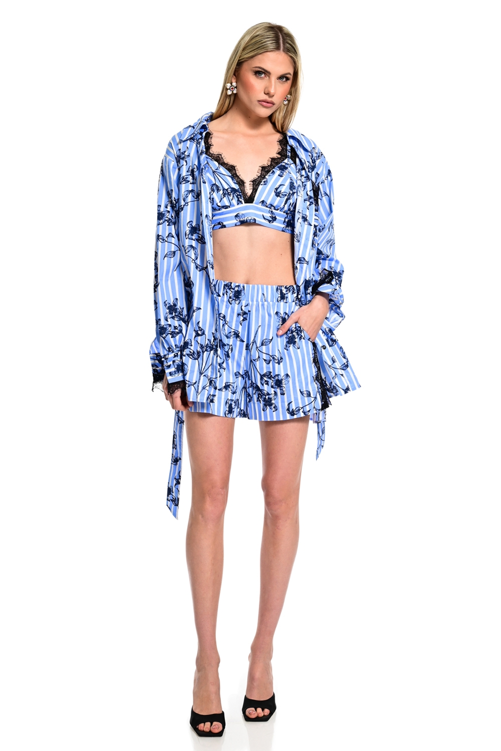WECOSS Sky Blue Floral Lace Shorts