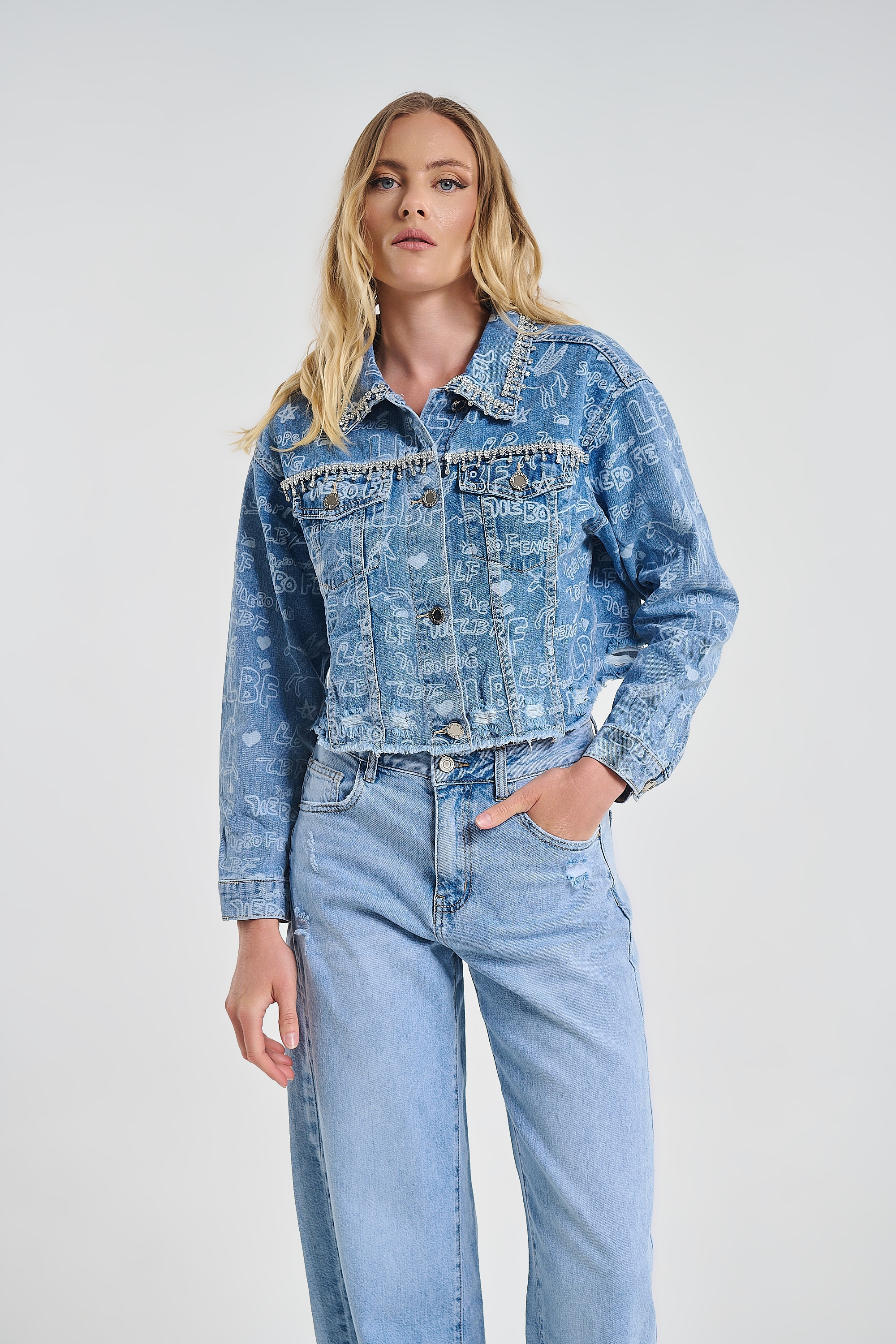Cropped Denim Jacket With Print & Rhinestone Details