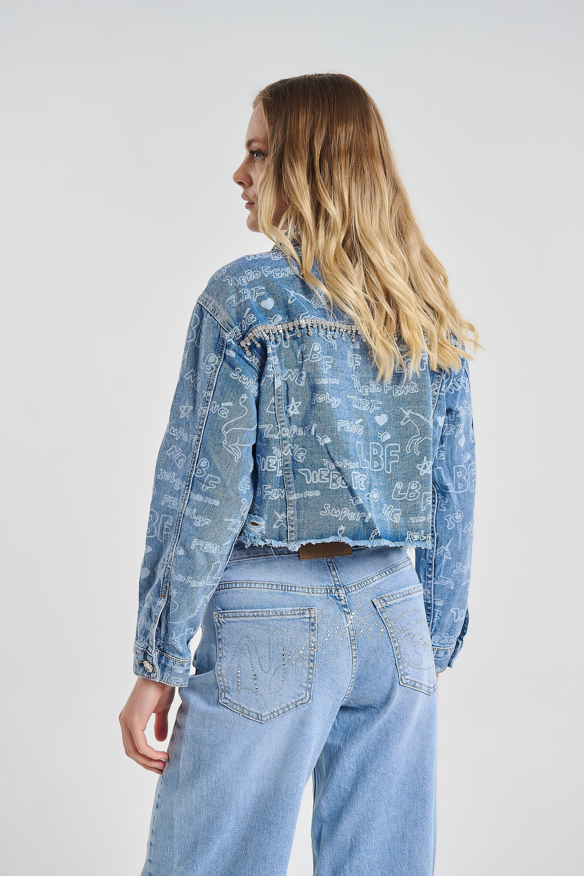 Cropped Denim Jacket With Print & Rhinestone Details