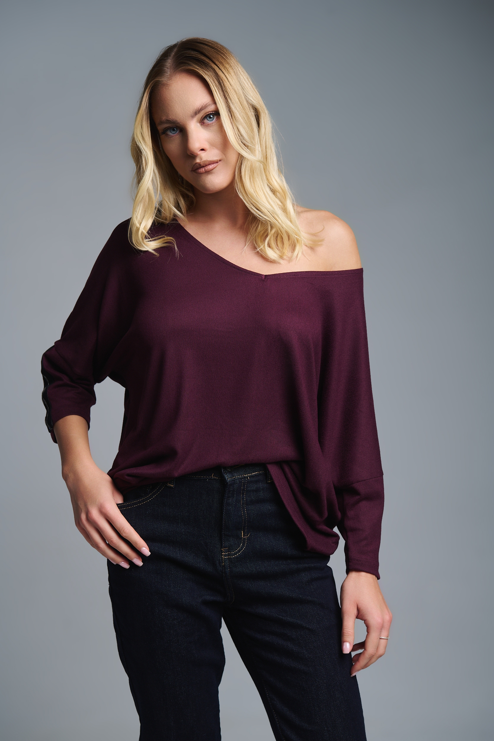 Kellys V-Neck Blouse with Rhinestone Sleeve Detail
