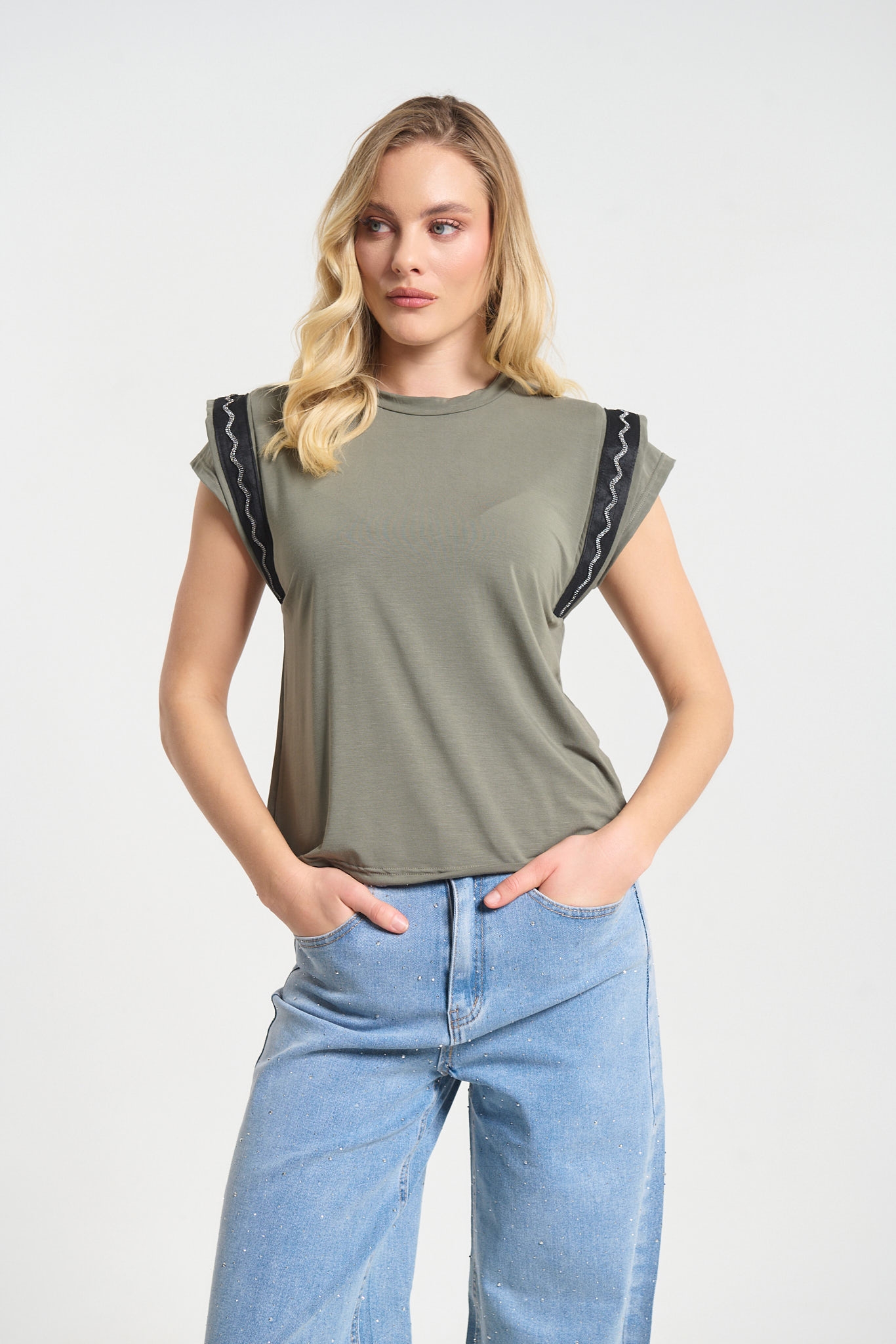 Kellys Women’s Top with Decorative Sleeve Trim – Made in Greece