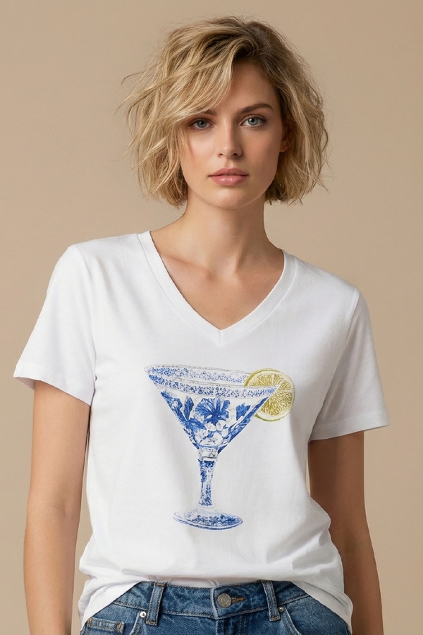 T-Shirt Με V Λαιμόκοψη & Μπλε Τύπωμα DEJAVU