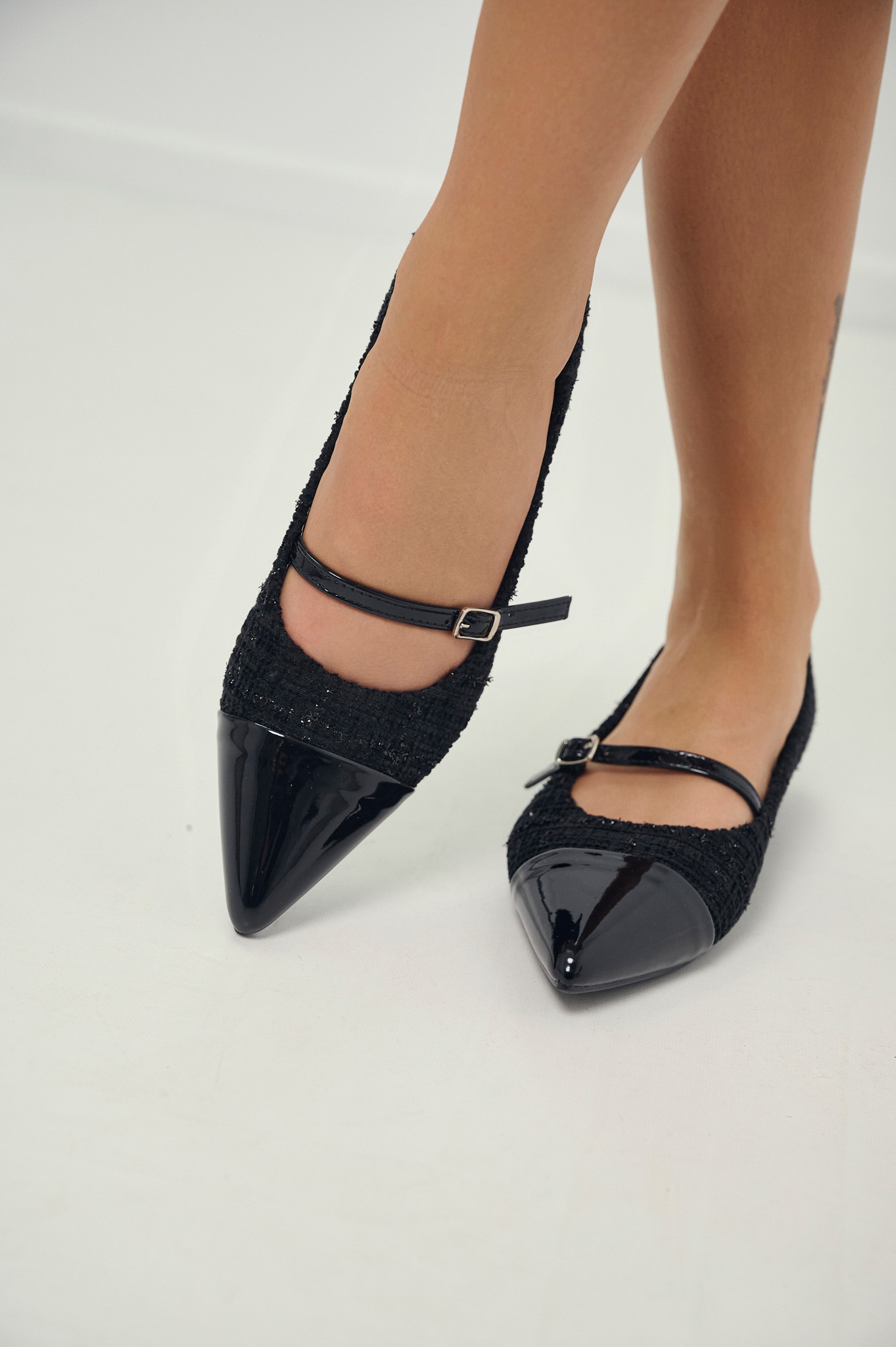 Mary Jane Pumps with Tweed Texture and Strap