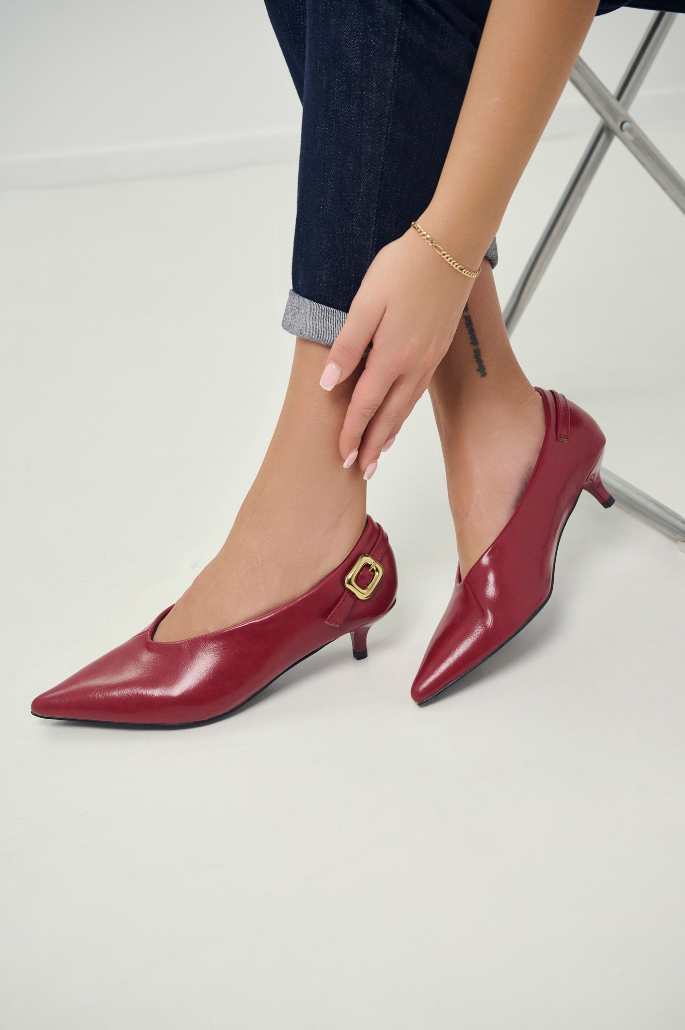 Kitten Heel Pumps With Gold Buckle