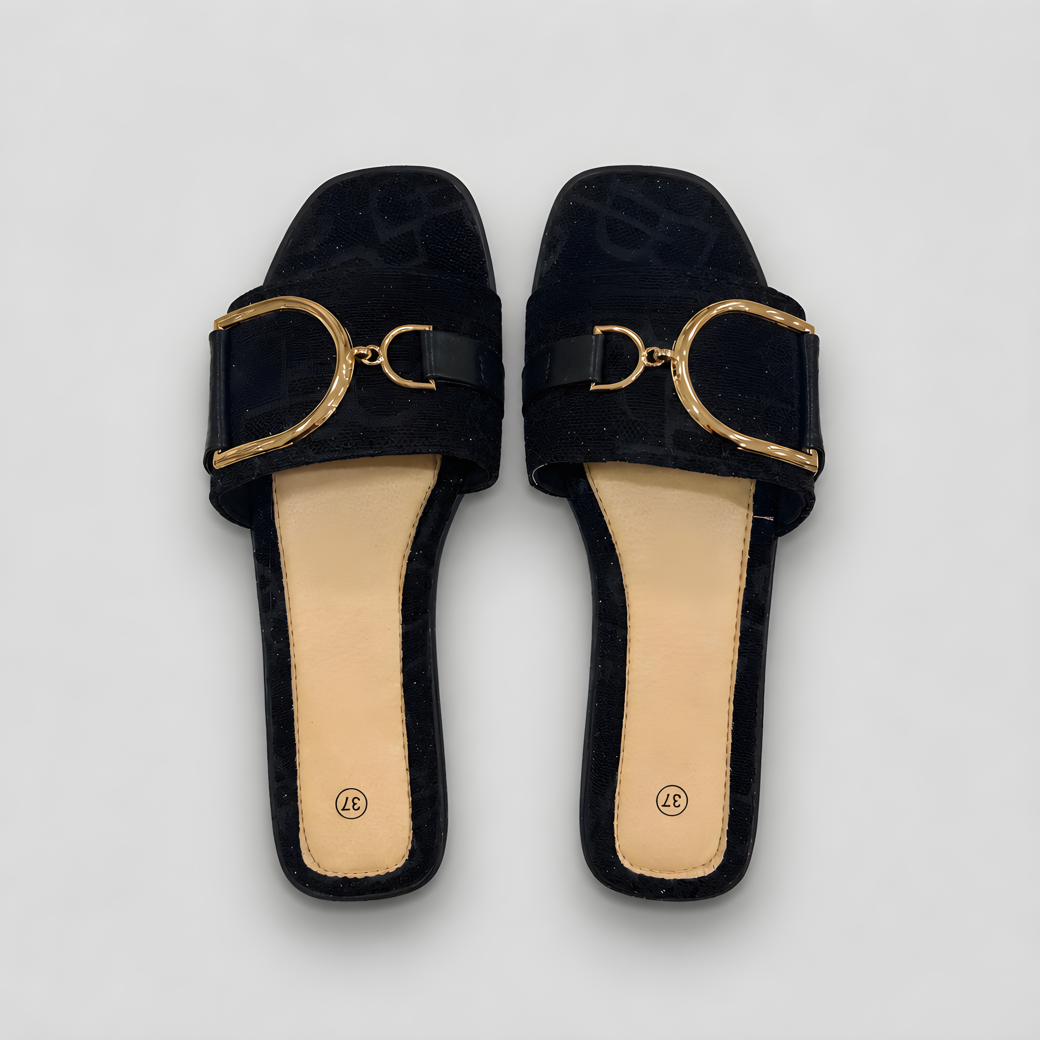 Flat Slides Με Glitter Υφή & Χρυσή Αγκράφα