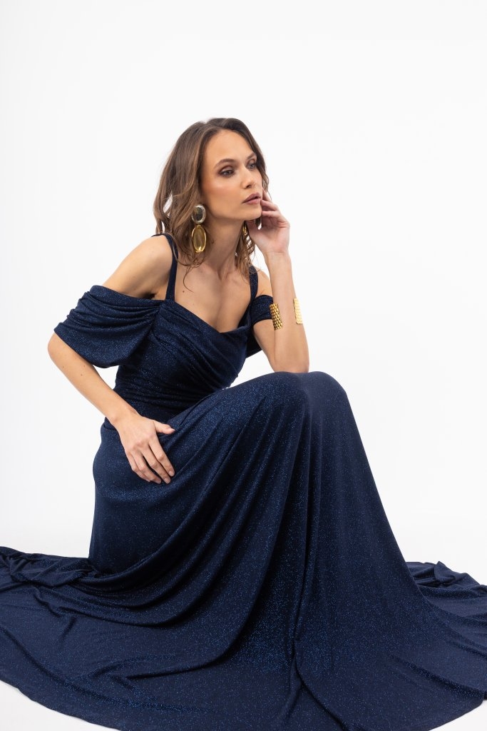 Φόρεμα OPEN Maxi Με Glitter & Off Shoulder Μανίκια
