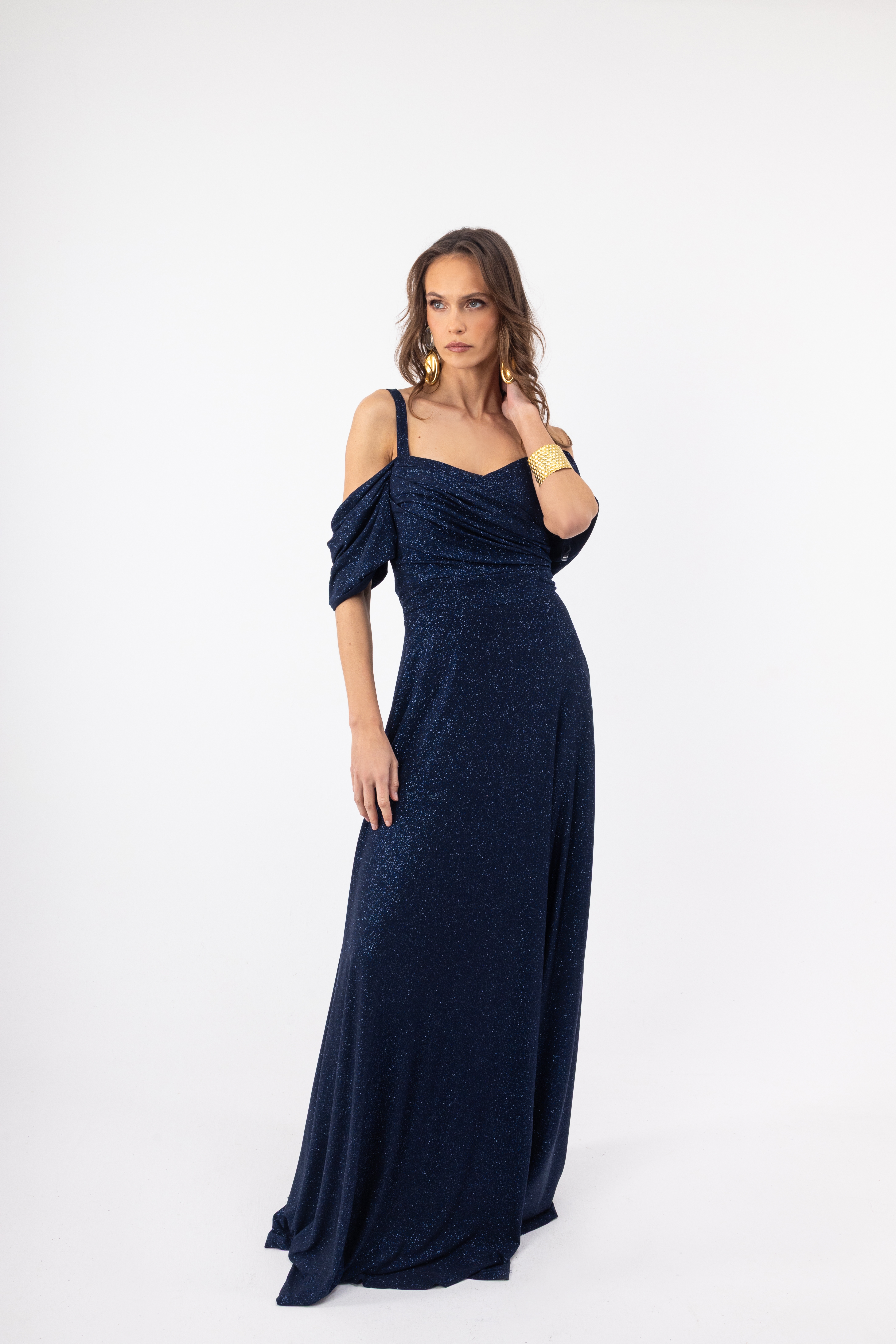 Φόρεμα OPEN Maxi Με Glitter & Off Shoulder Μανίκια