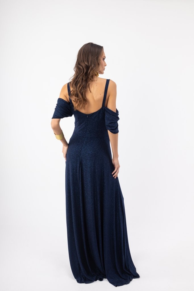 Φόρεμα OPEN Maxi Με Glitter & Off Shoulder Μανίκια