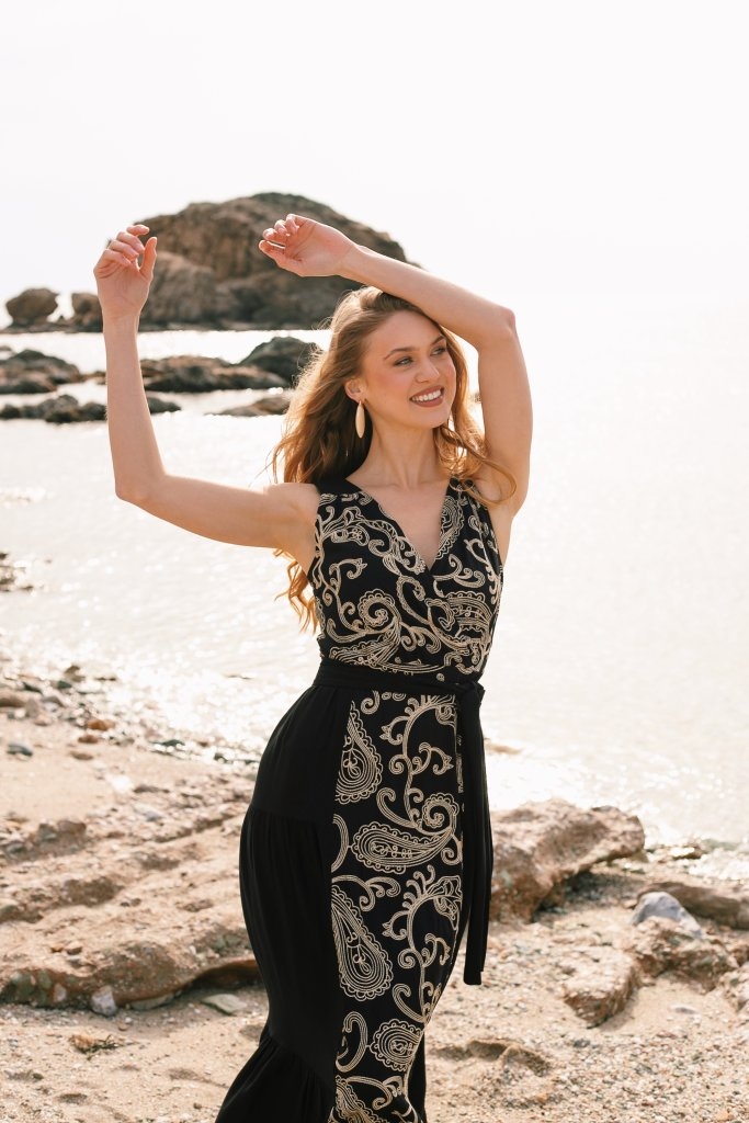 Φόρεμα OPEN Maxi Boho Με Print & Ζώνη